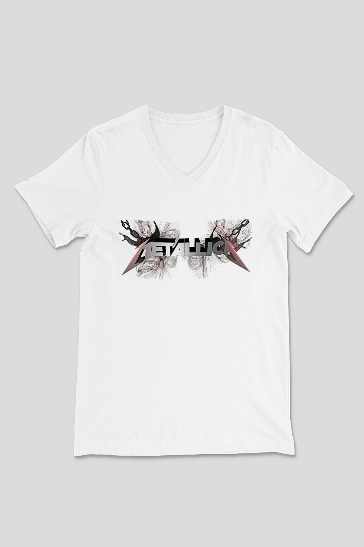 Metallica Baskılı Beyaz Unisex V Yaka Tişört - Tshirt