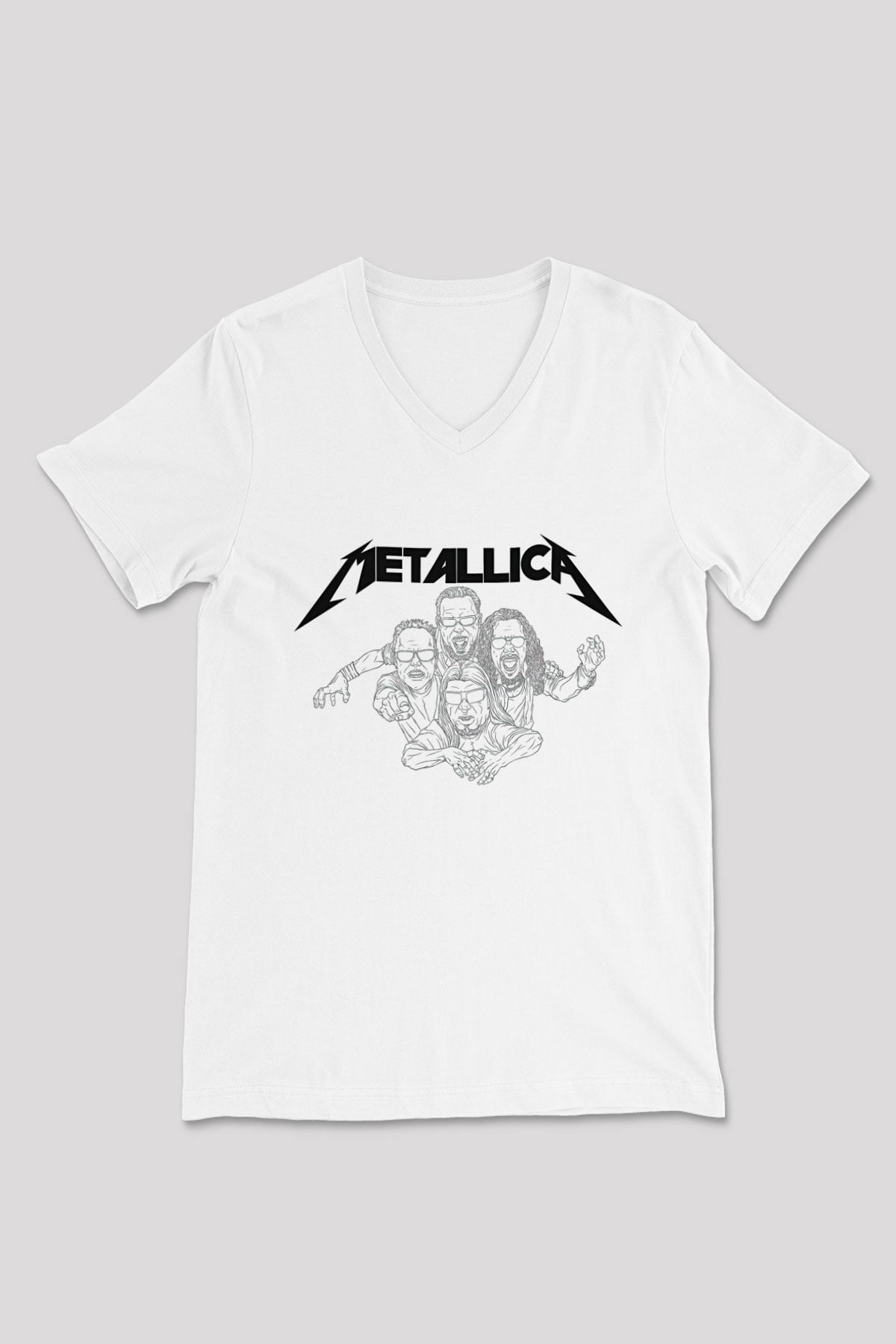 Metallica Baskılı Beyaz Unisex V Yaka Tişört - Tshirt