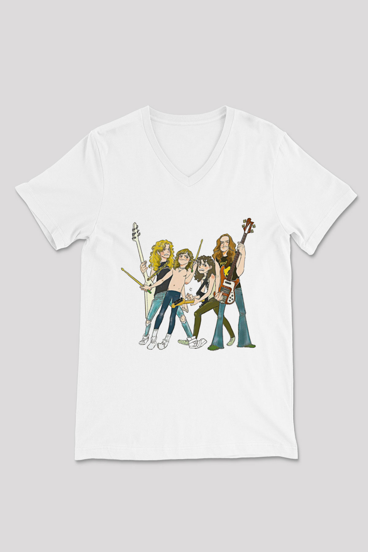 Metallica Baskılı Beyaz Unisex V Yaka Tişört - Tshirt