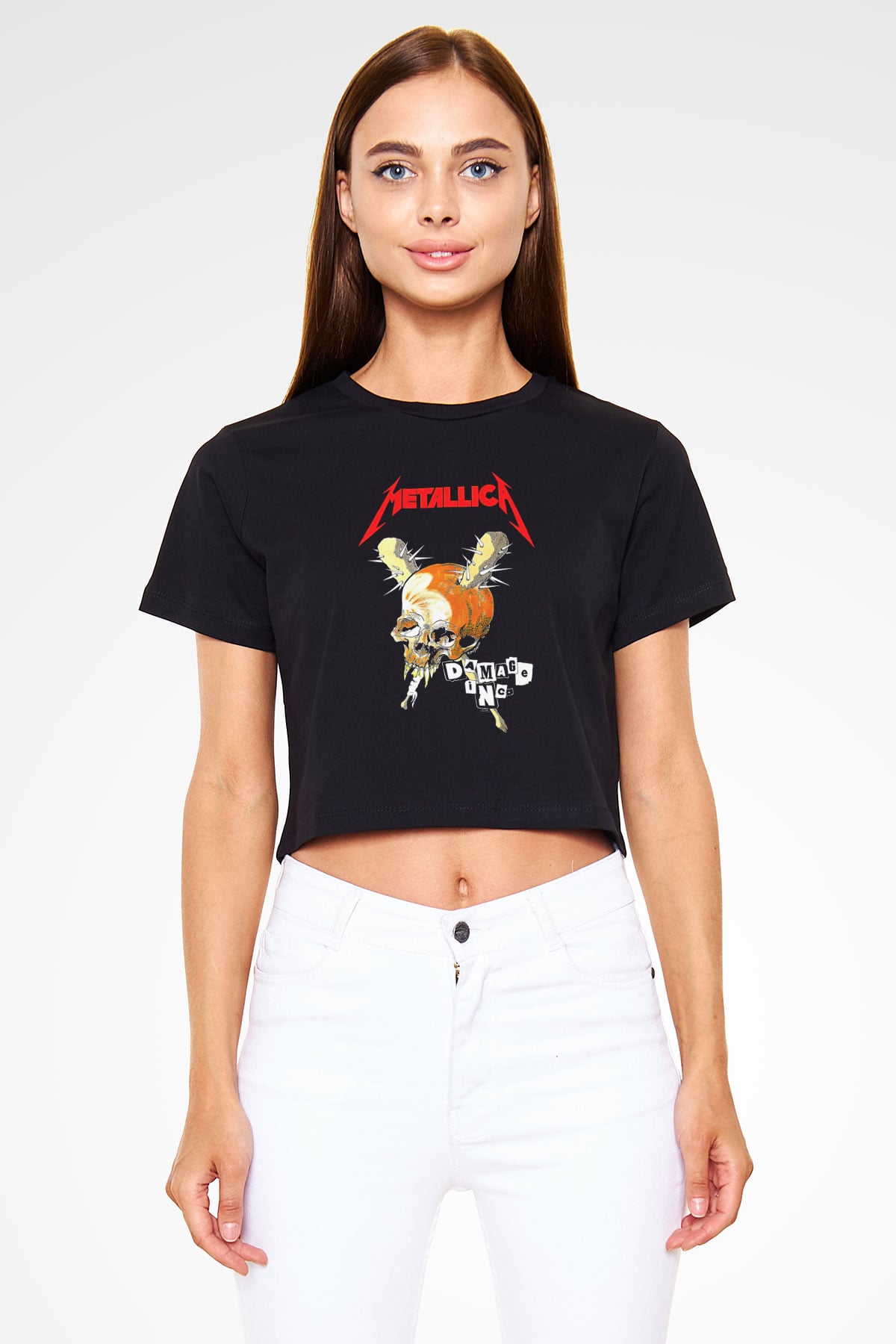 Metallica Baskılı Siyah Crop Top Kadın Tişört - Tshirt