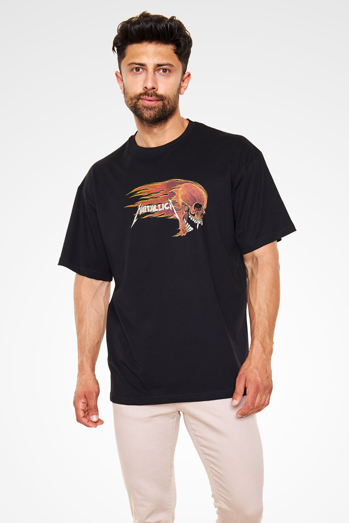Metallica Baskılı Unisex Siyah Oversize Tişört - Tshirt