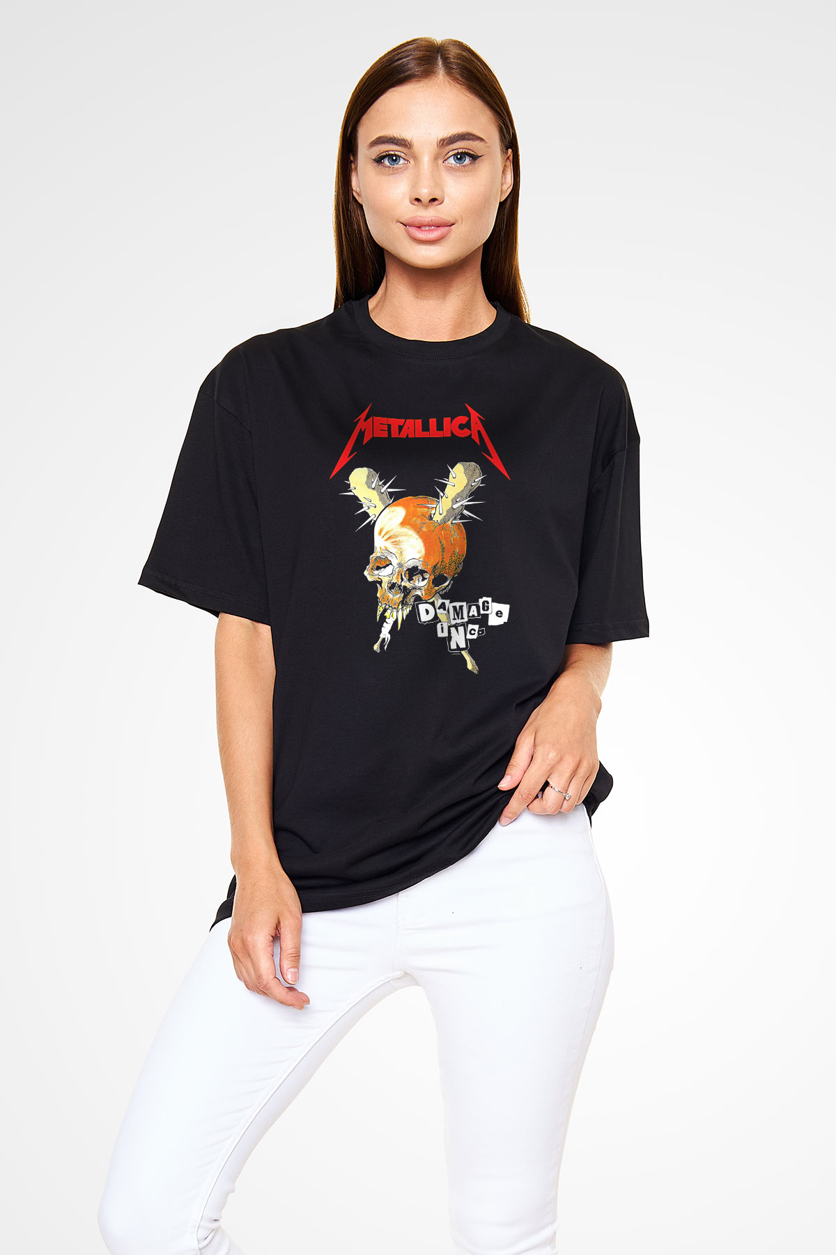 Metallica Baskılı Unisex Siyah Oversize Tişört - Tshirt
