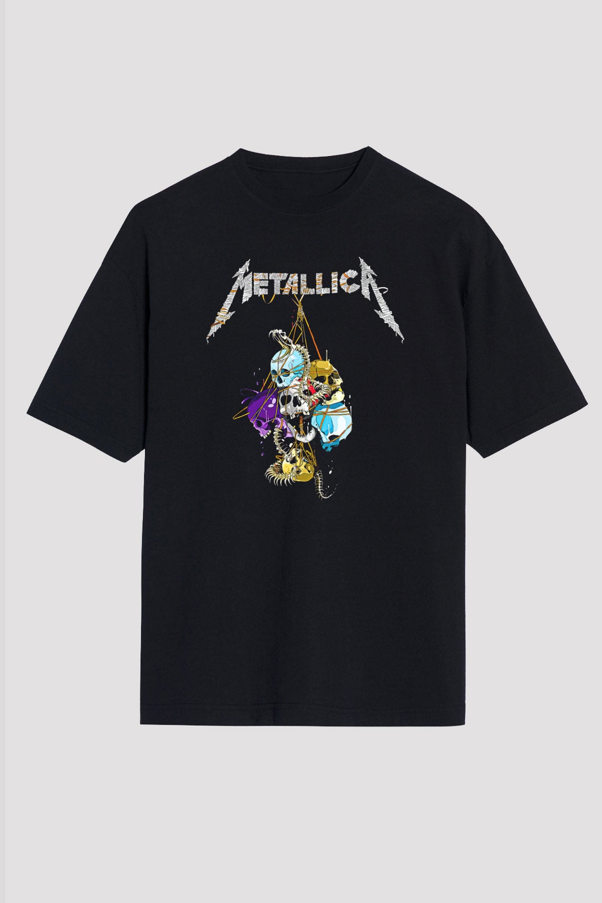 Metallica Baskılı Unisex Siyah Oversize Tişört - Tshirt
