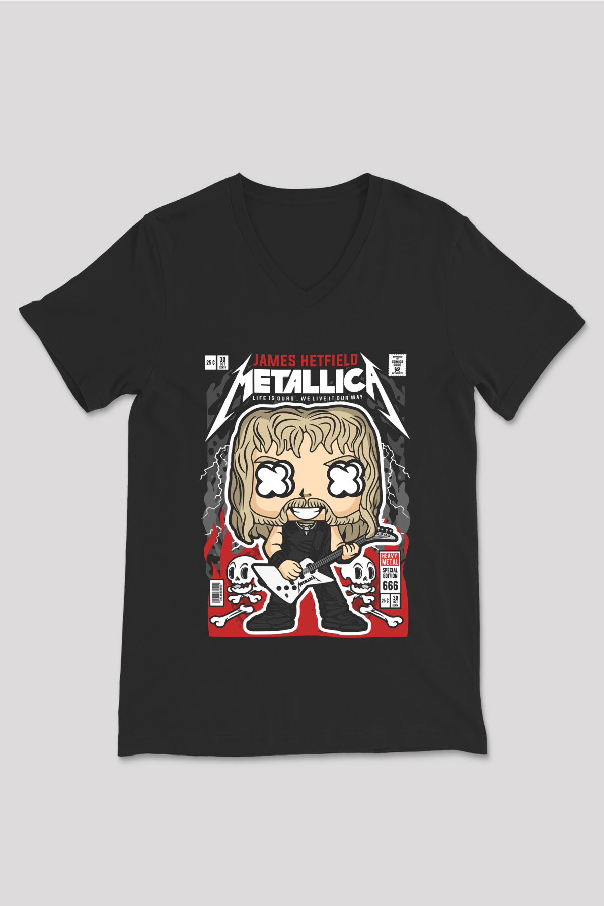 Metallica Baskılı Unisex Siyah V Yaka Tişört