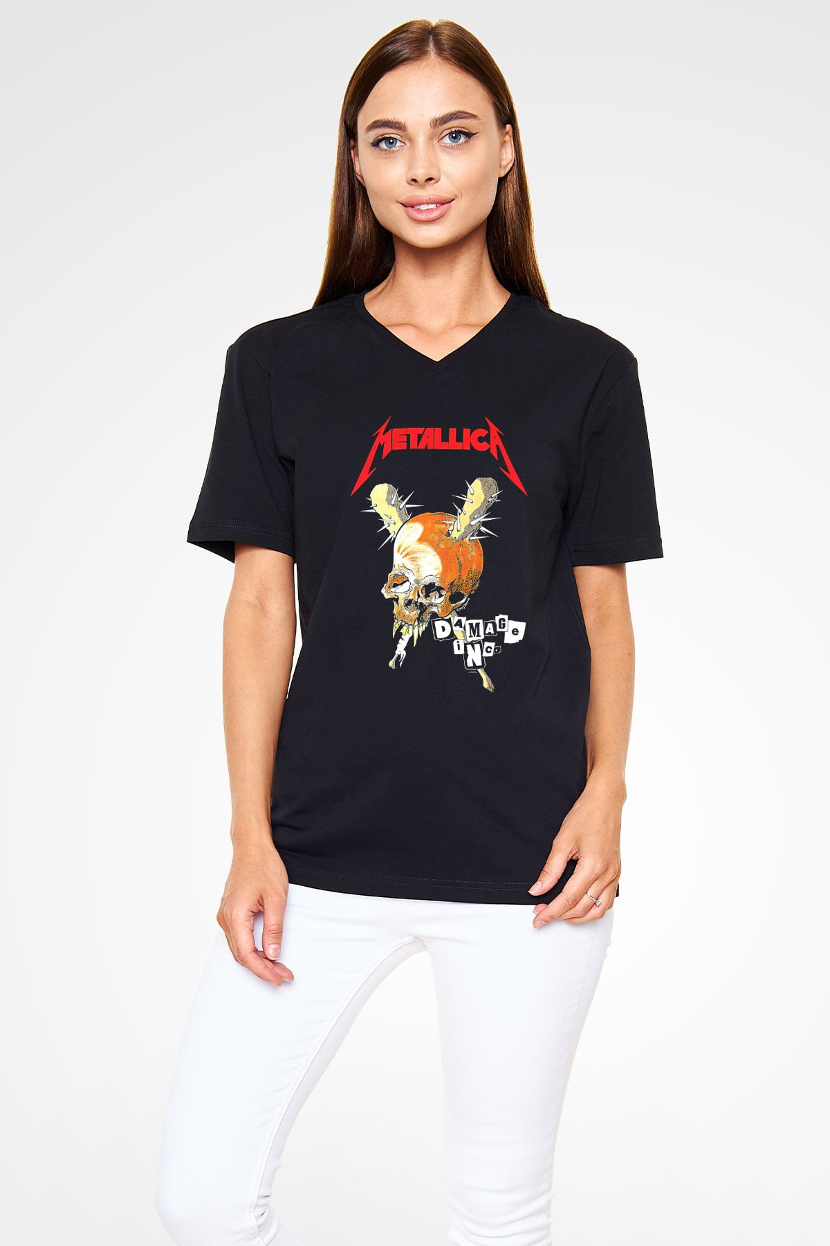 Metallica Baskılı Unisex Siyah V Yaka Tişört - Tshirt
