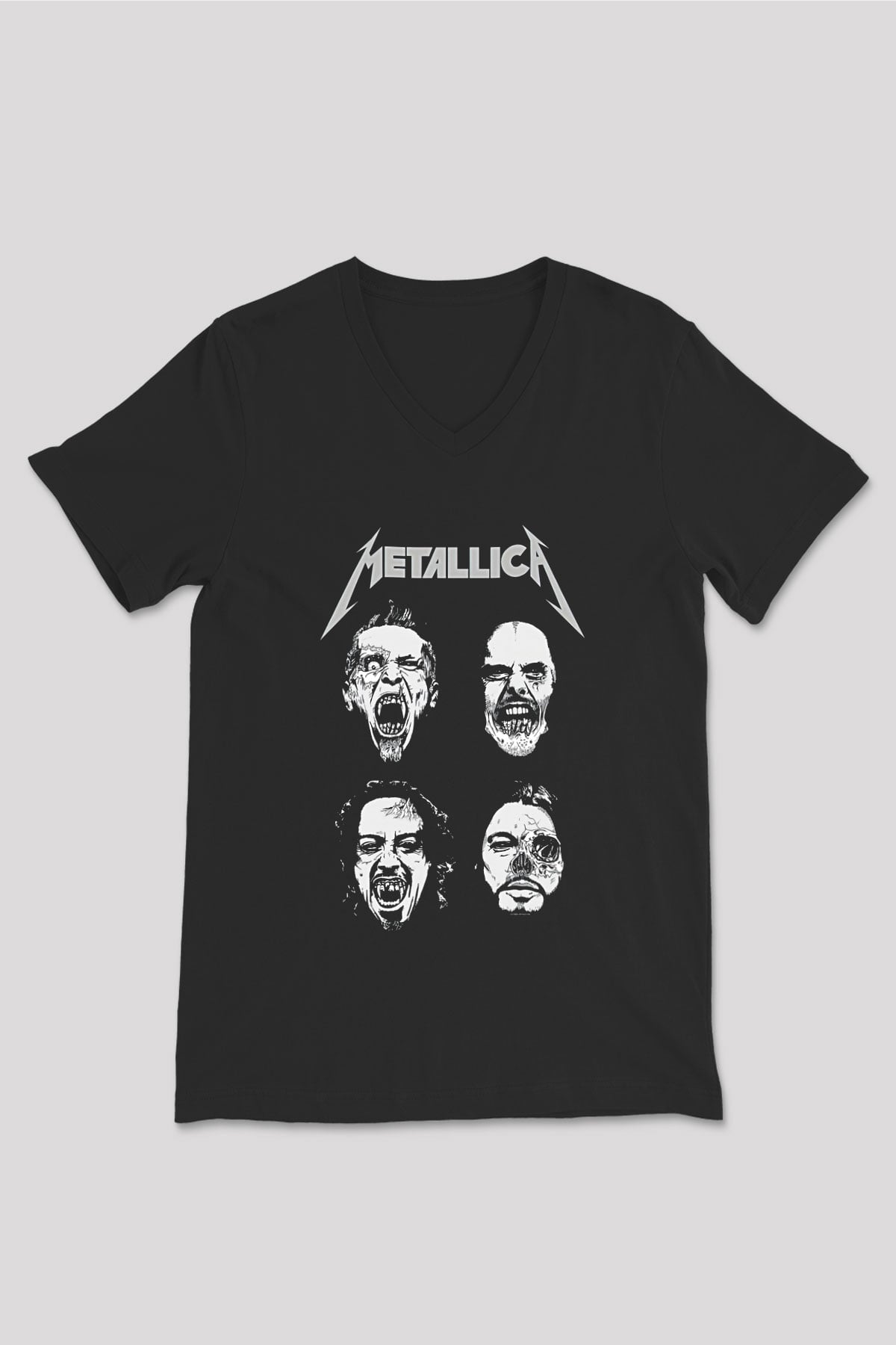 Metallica Baskılı Unisex Siyah V Yaka Tişört - Tshirt