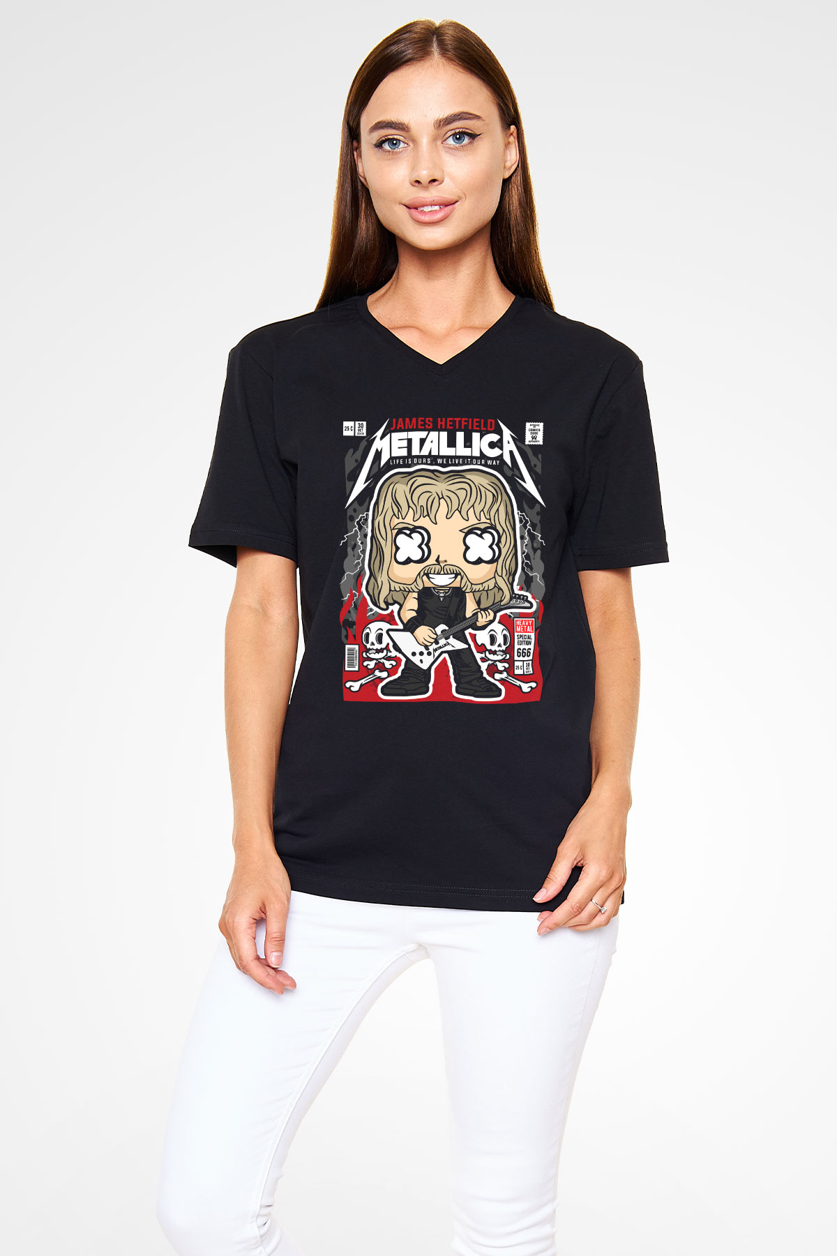 Metallica Baskılı Unisex Siyah V Yaka Tişört