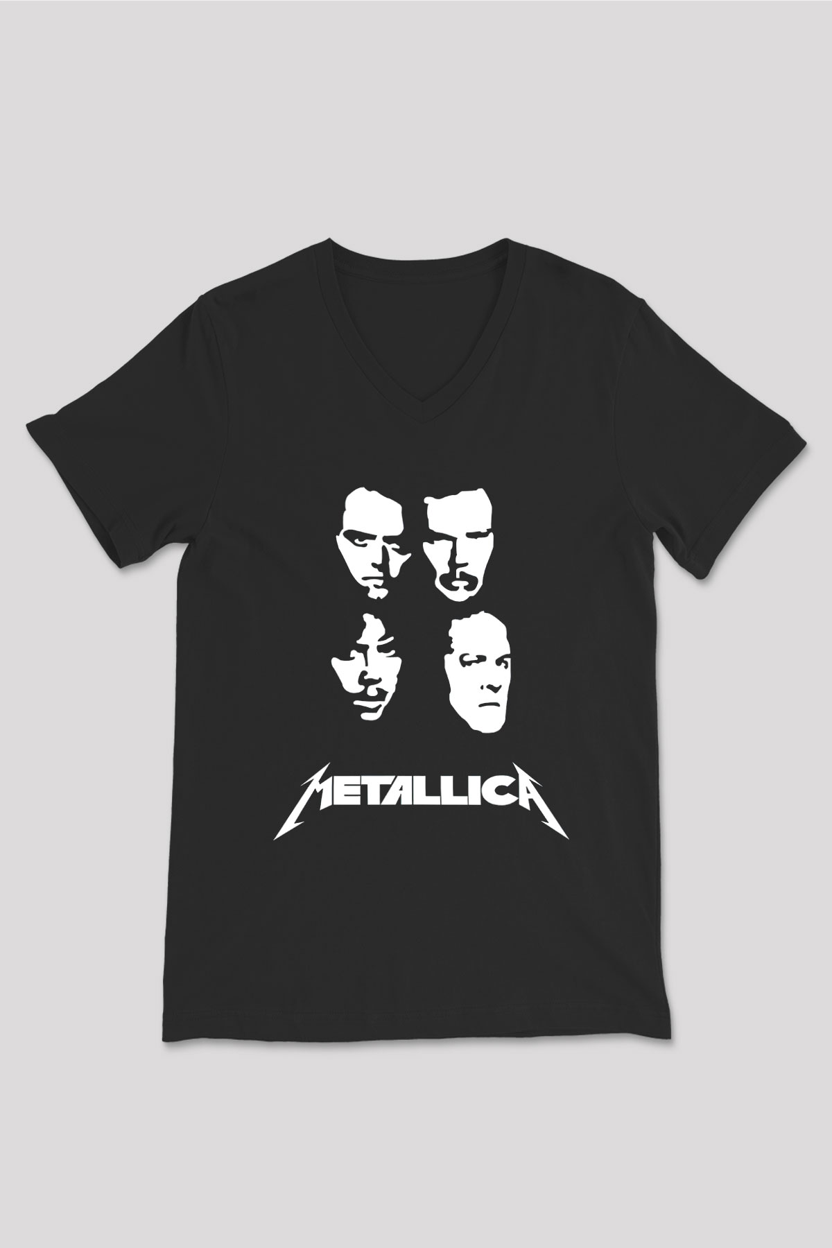 Metallica Baskılı Unisex Siyah V Yaka Tişört - Tshirt