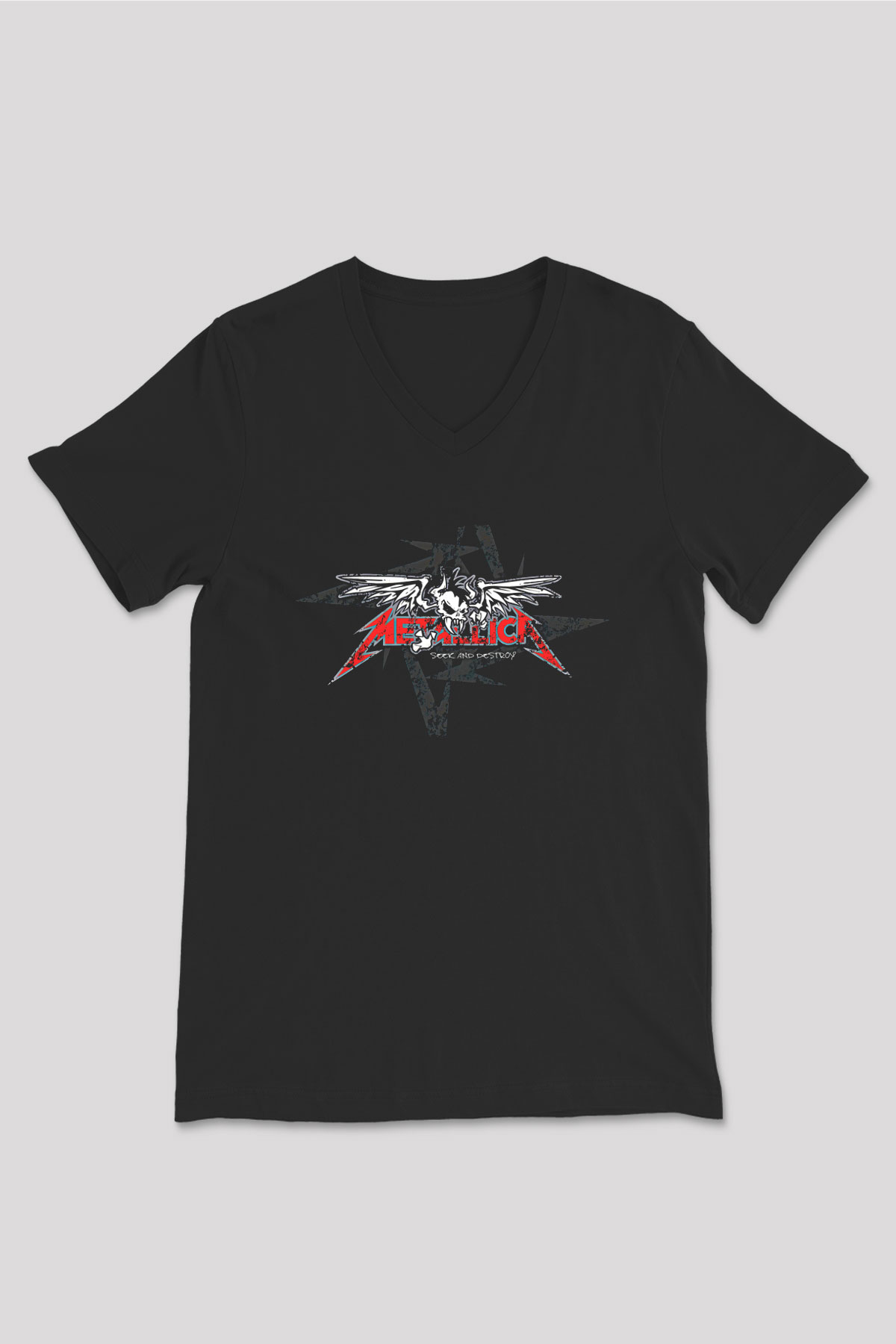 Metallica Baskılı Unisex Siyah V Yaka Tişört - Tshirt