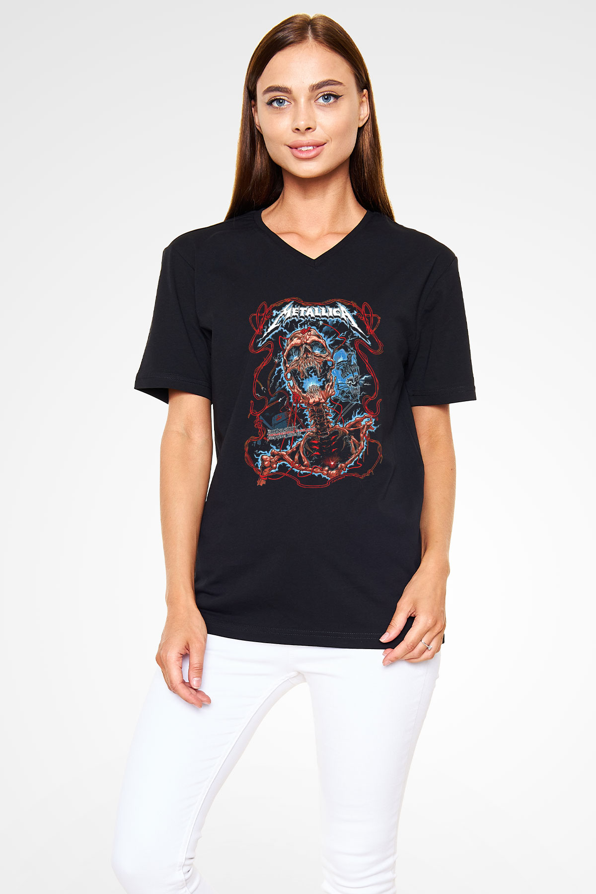 Metallica Baskılı Unisex Siyah V Yaka Tişört - Tshirt