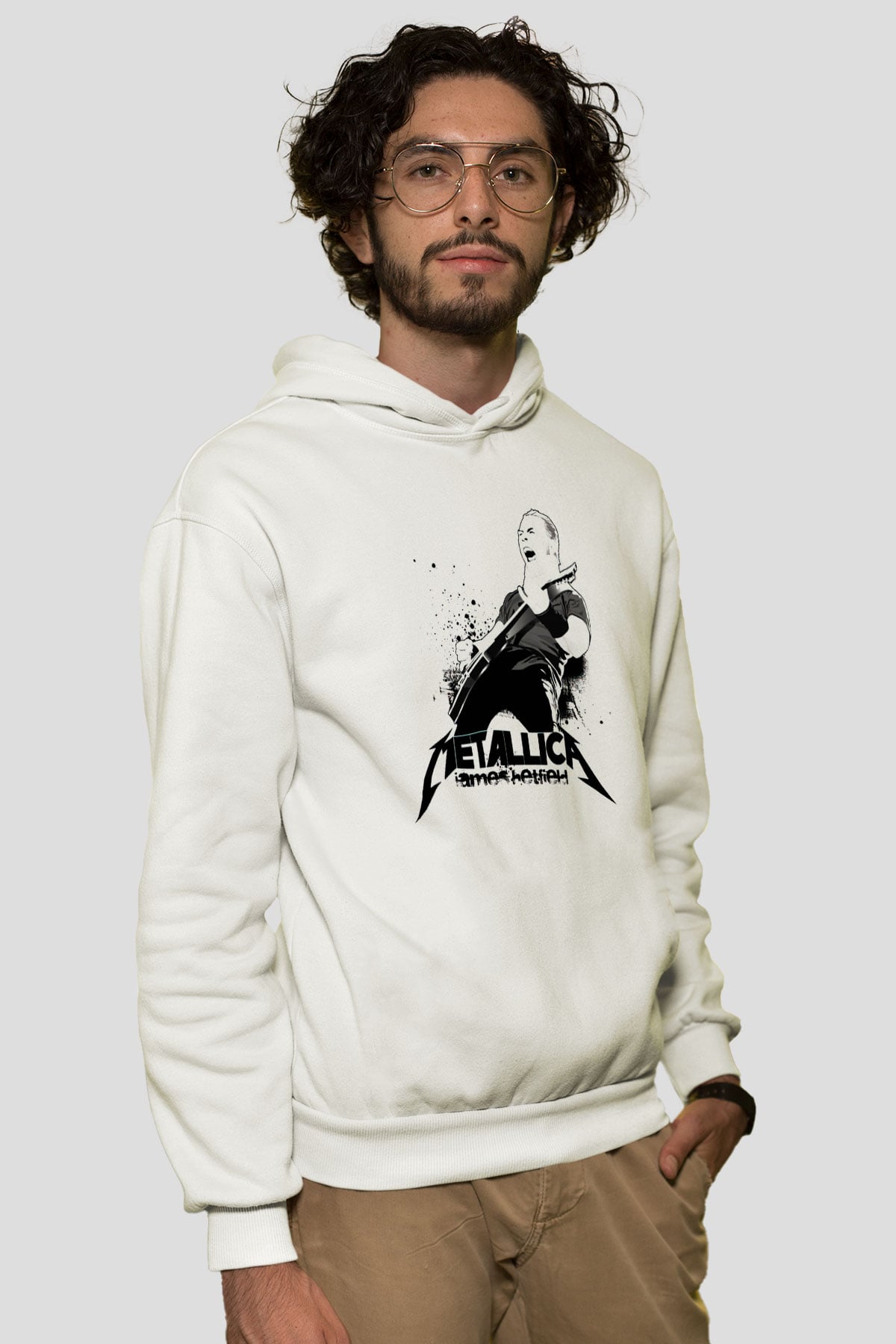 Metallica James Hetfield Beyaz Unisex Kapşonlu Sweatshirt