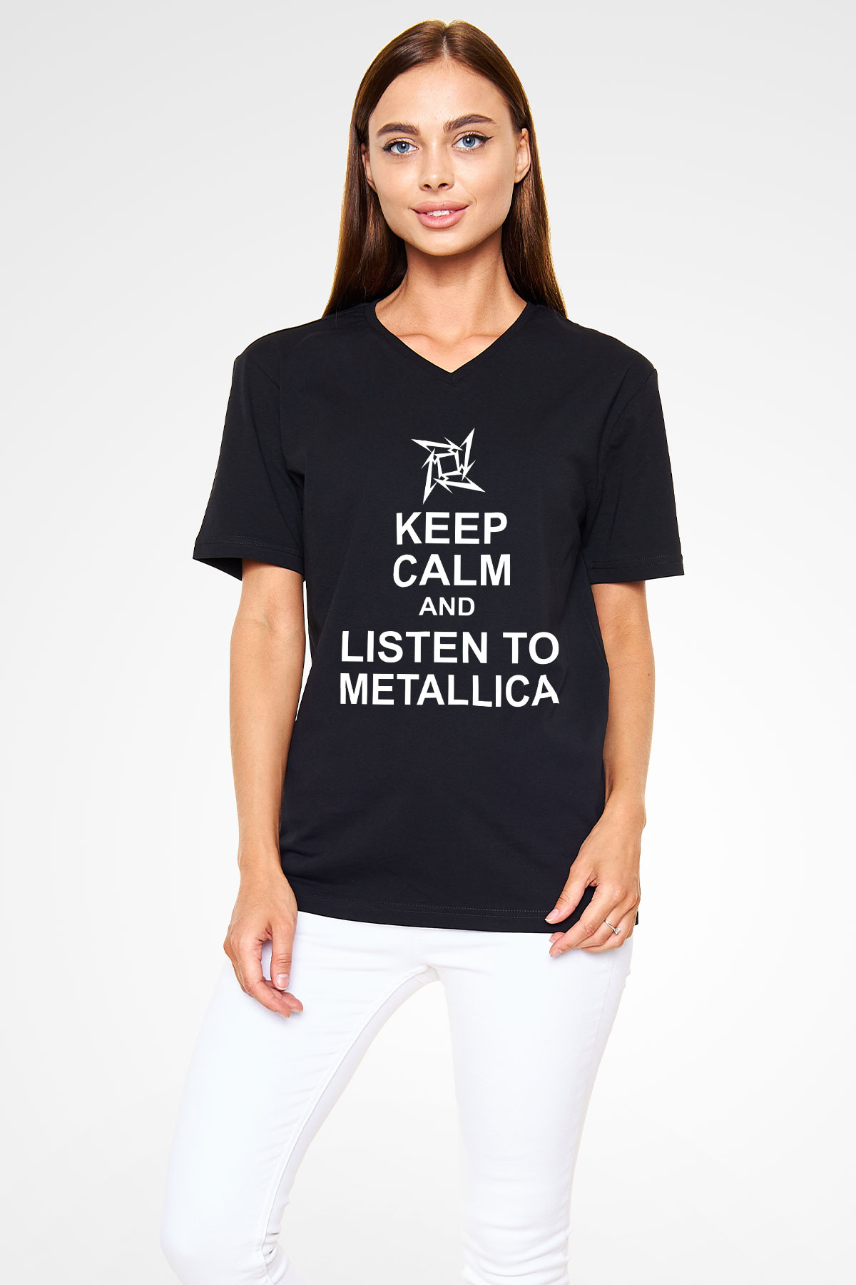 Metallica Keep Calm And Listen To Metallica Siyah Unisex V Yaka Tişört T-Shirt