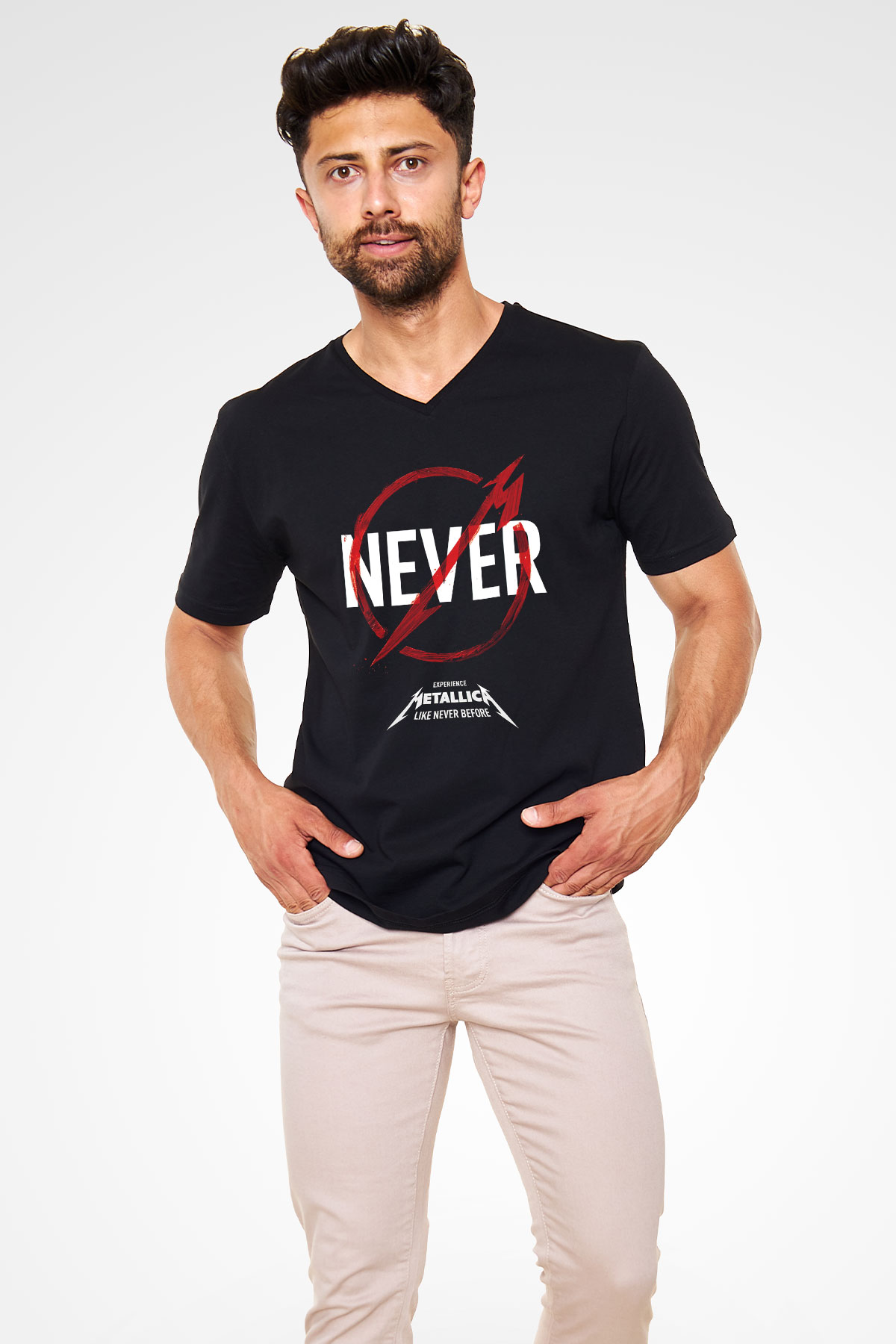 Metallica Never Siyah Unisex V Yaka Tişört T-Shirt