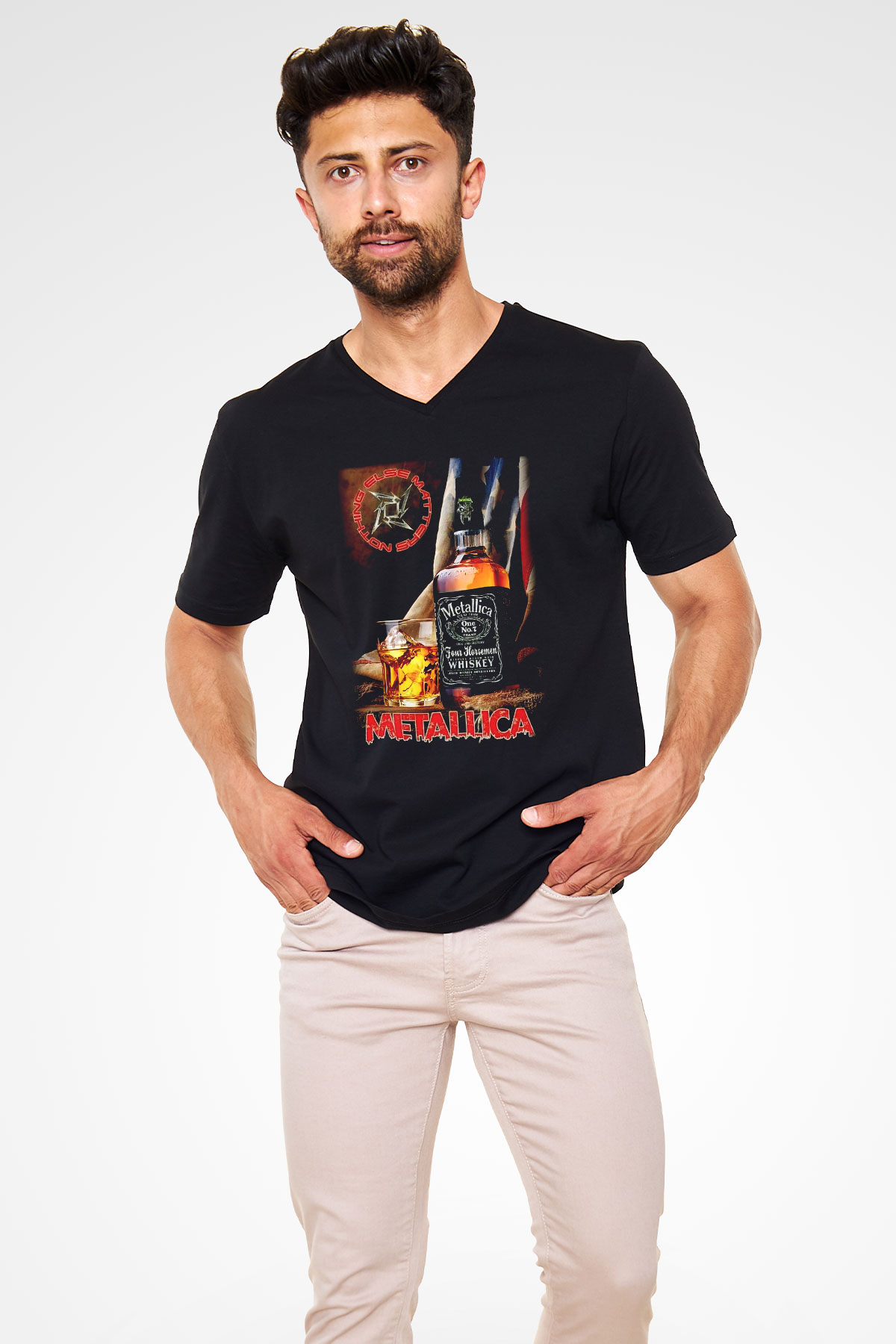 Metallica Siyah Unisex V Yaka Tişört T-Shirt