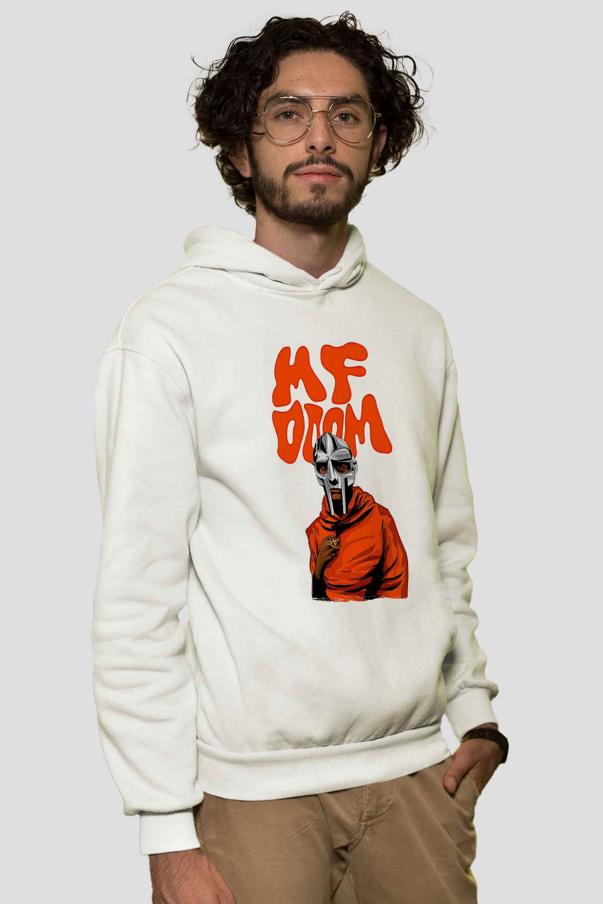 Mf Doom Baskılı Beyaz Unisex Kapüşonlu Sweatshirt