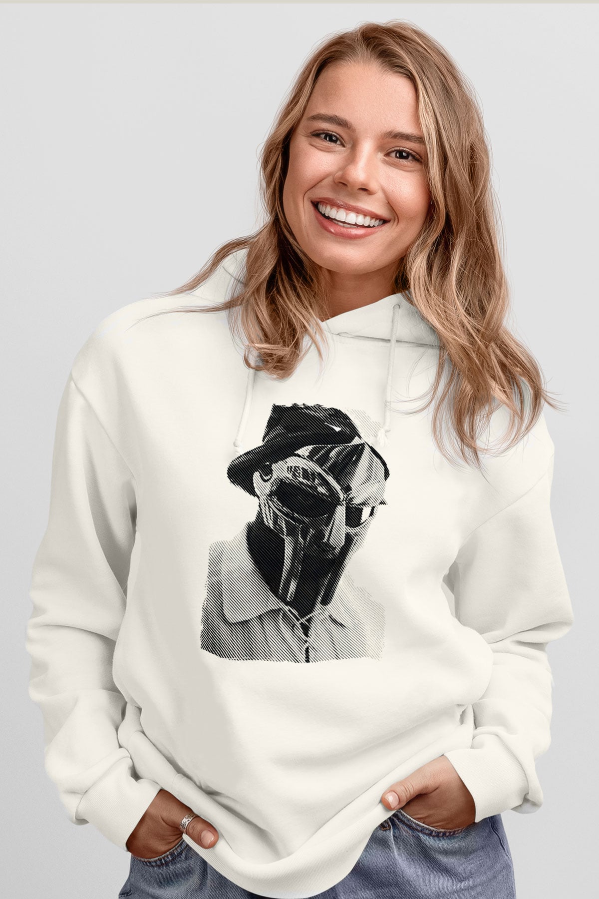 Mf Doom Baskılı Beyaz Unisex Kapüşonlu Sweatshirt