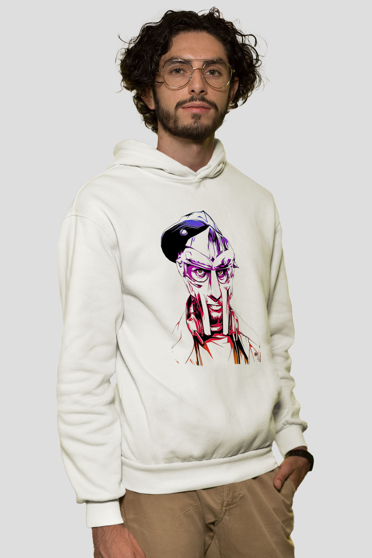 Mf Doom Baskılı Beyaz Unisex Kapüşonlu Sweatshirt