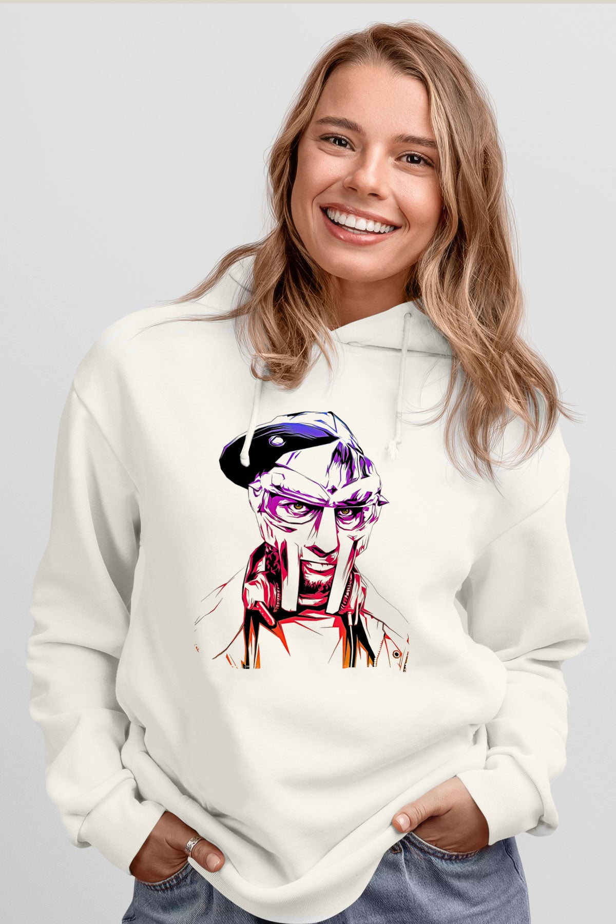 Mf Doom Baskılı Beyaz Unisex Kapüşonlu Sweatshirt