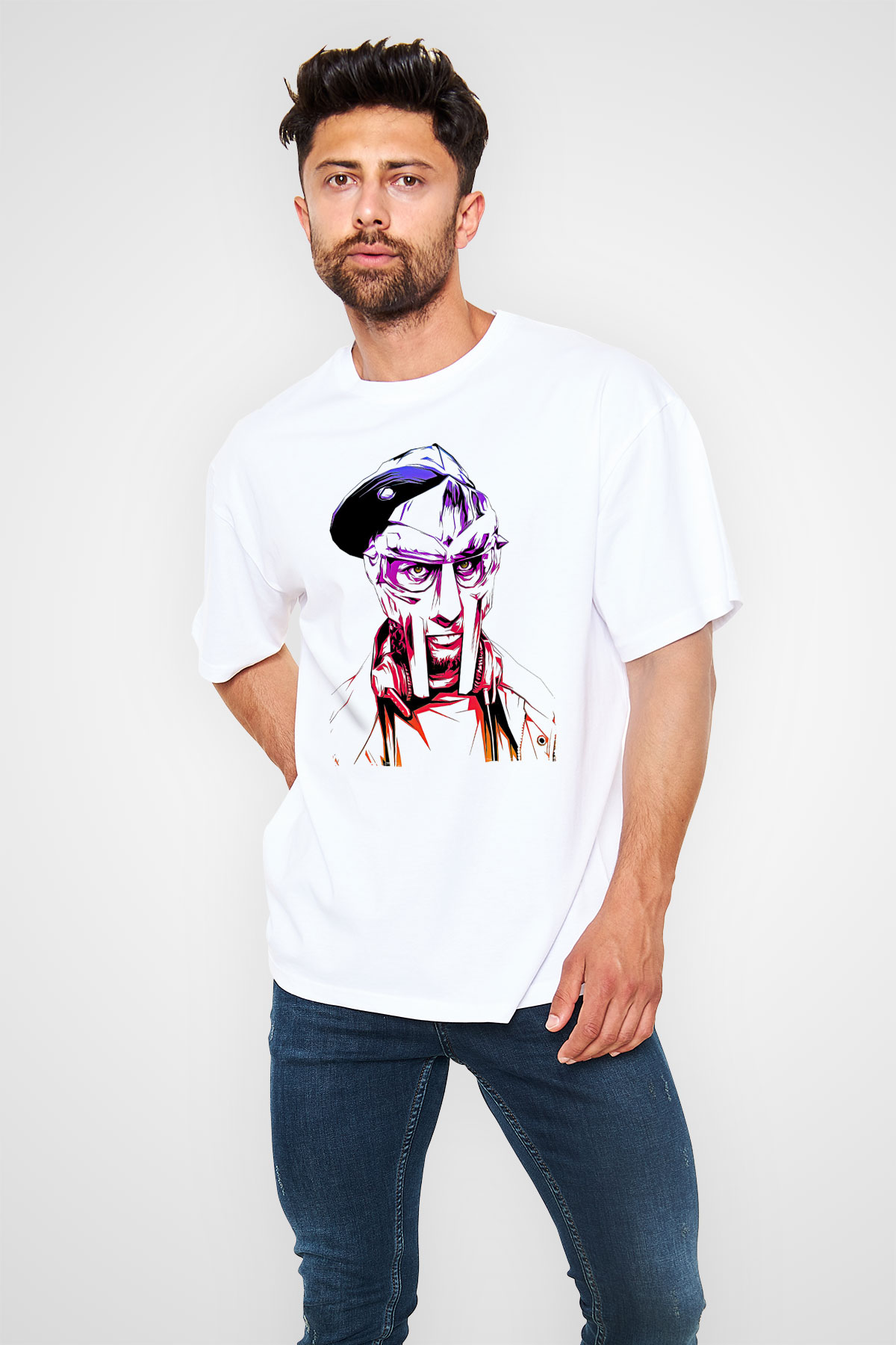 Mf Doom Baskılı Beyaz Unisex Oversize Tişört - Tshirt