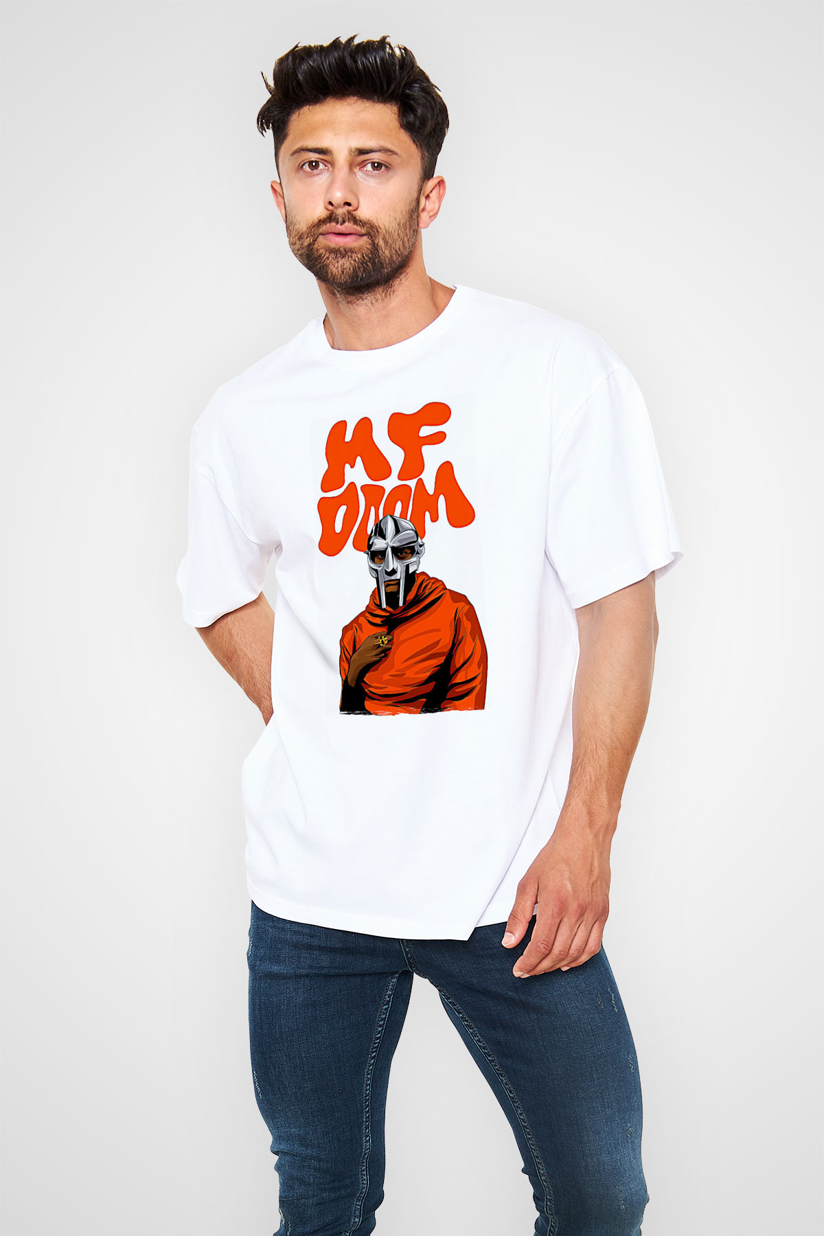 Mf Doom Baskılı Beyaz Unisex Oversize Tişört - Tshirt