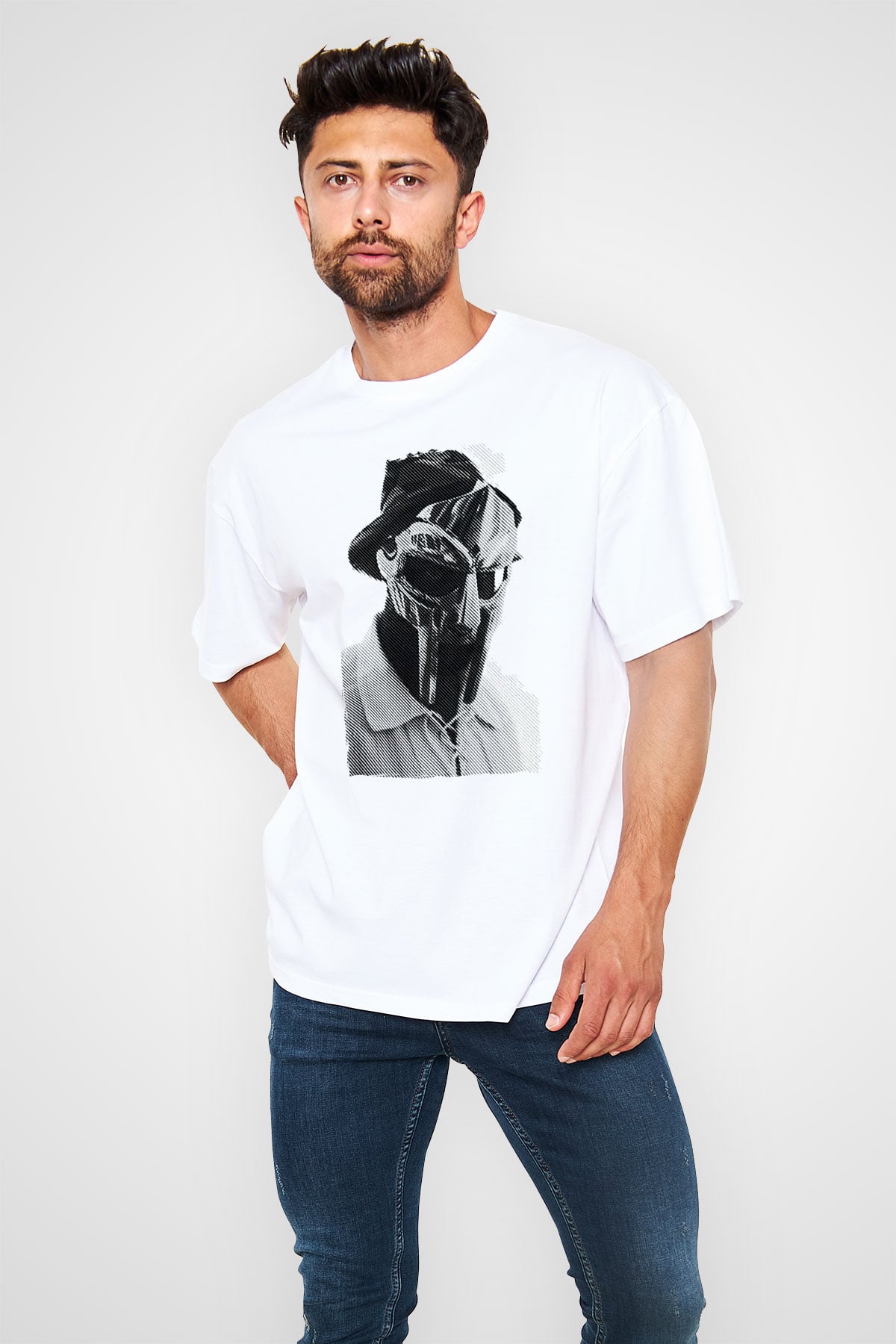 Mf Doom Baskılı Beyaz Unisex Oversize Tişört - Tshirt