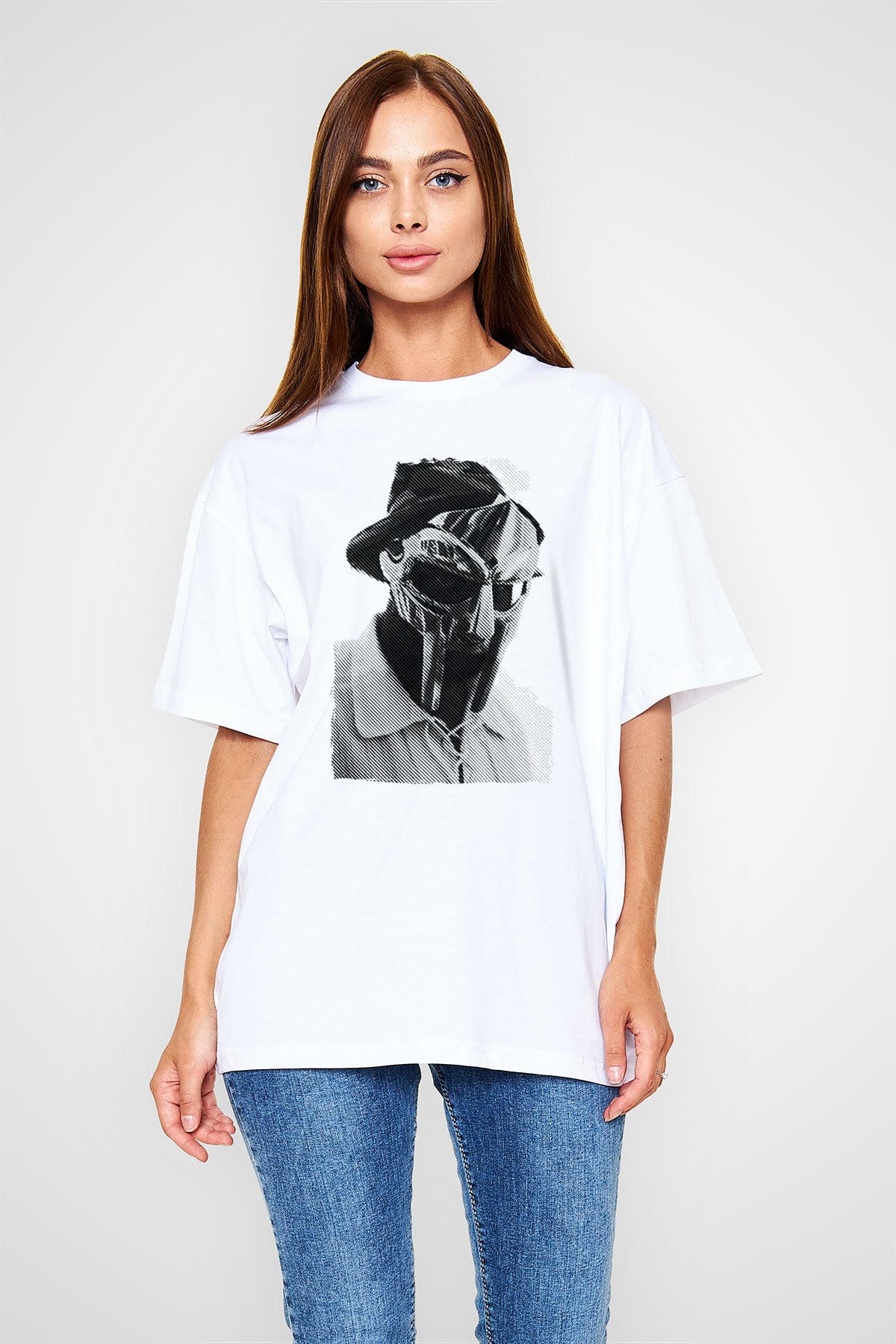 Mf Doom Baskılı Beyaz Unisex Oversize Tişört - Tshirt
