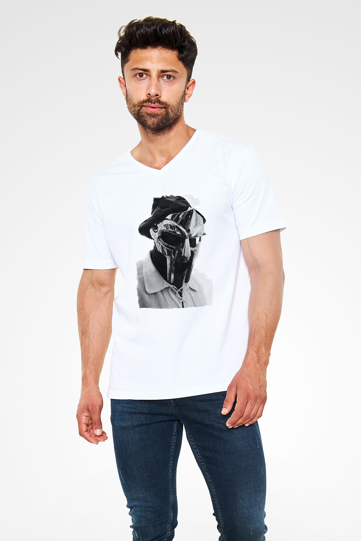 Mf Doom Baskılı Beyaz Unisex V Yaka Tişört - Tshirt