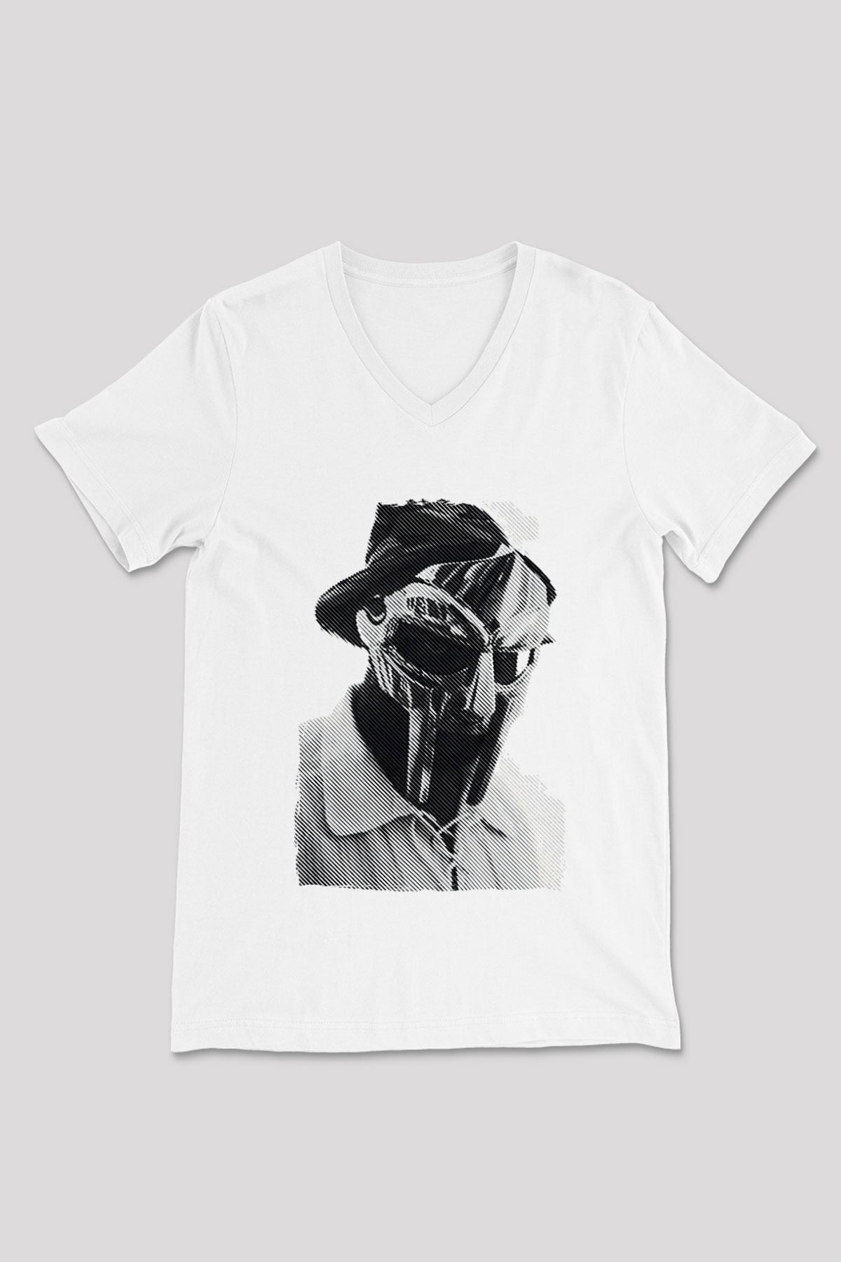 Mf Doom Baskılı Beyaz Unisex V Yaka Tişört - Tshirt