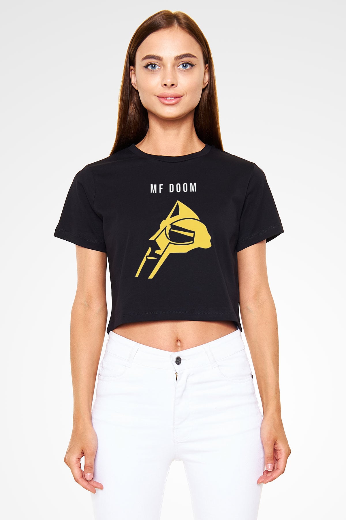 Mf Doom Baskılı Siyah Crop Top Kadın Tişört - Tshirt