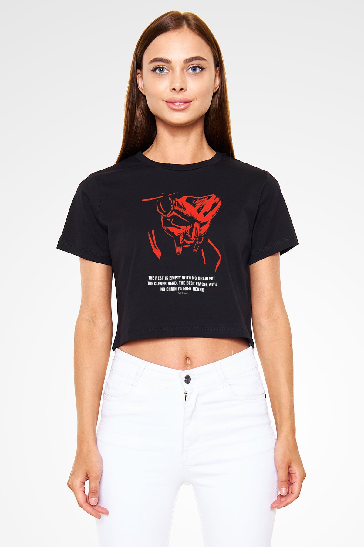 Mf Doom Baskılı Siyah Crop Top Kadın Tişört - Tshirt