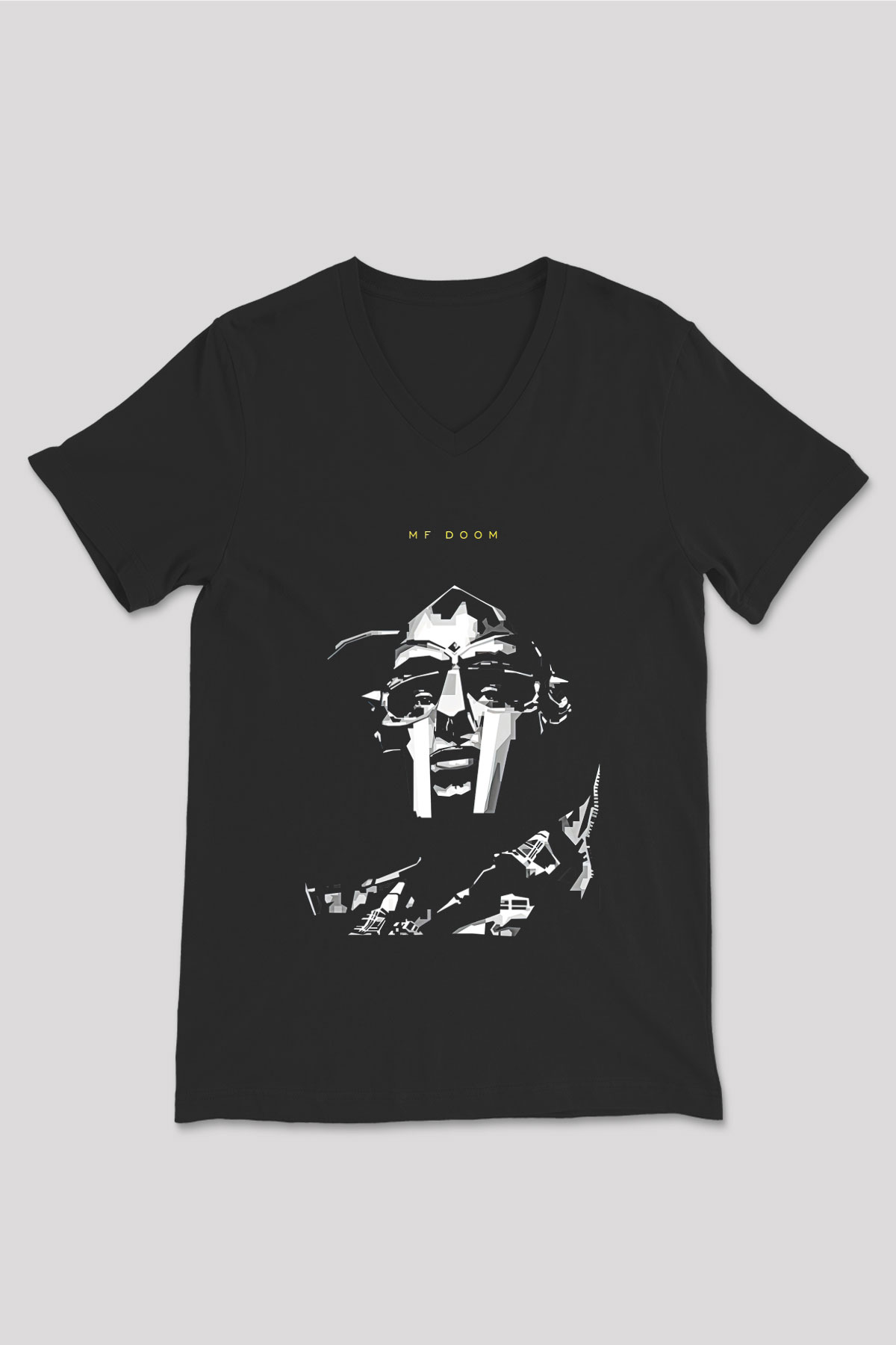 Mf Doom Baskılı Unisex Siyah V Yaka Tişört - Tshirt