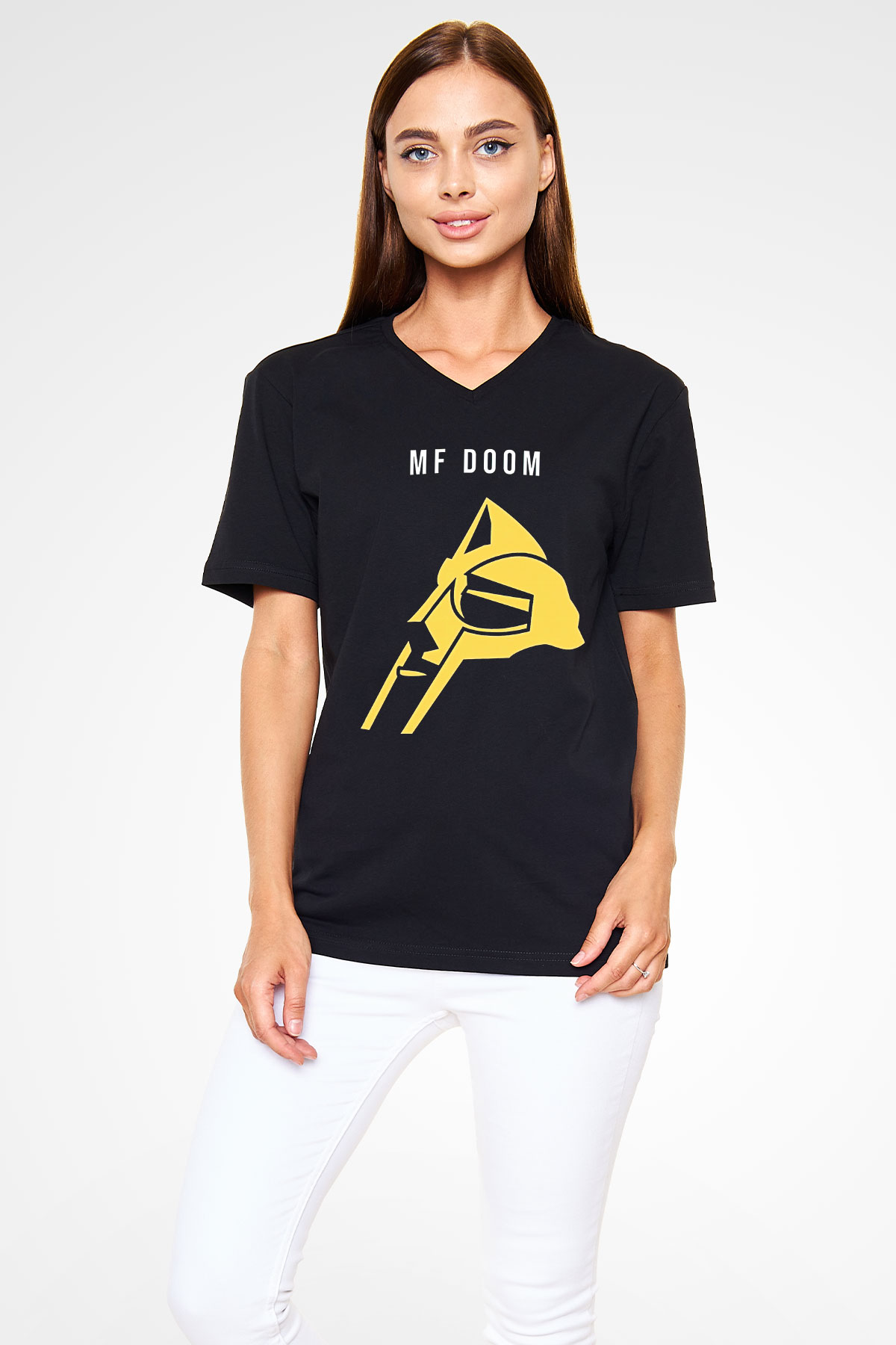 Mf Doom Baskılı Unisex Siyah V Yaka Tişört - Tshirt