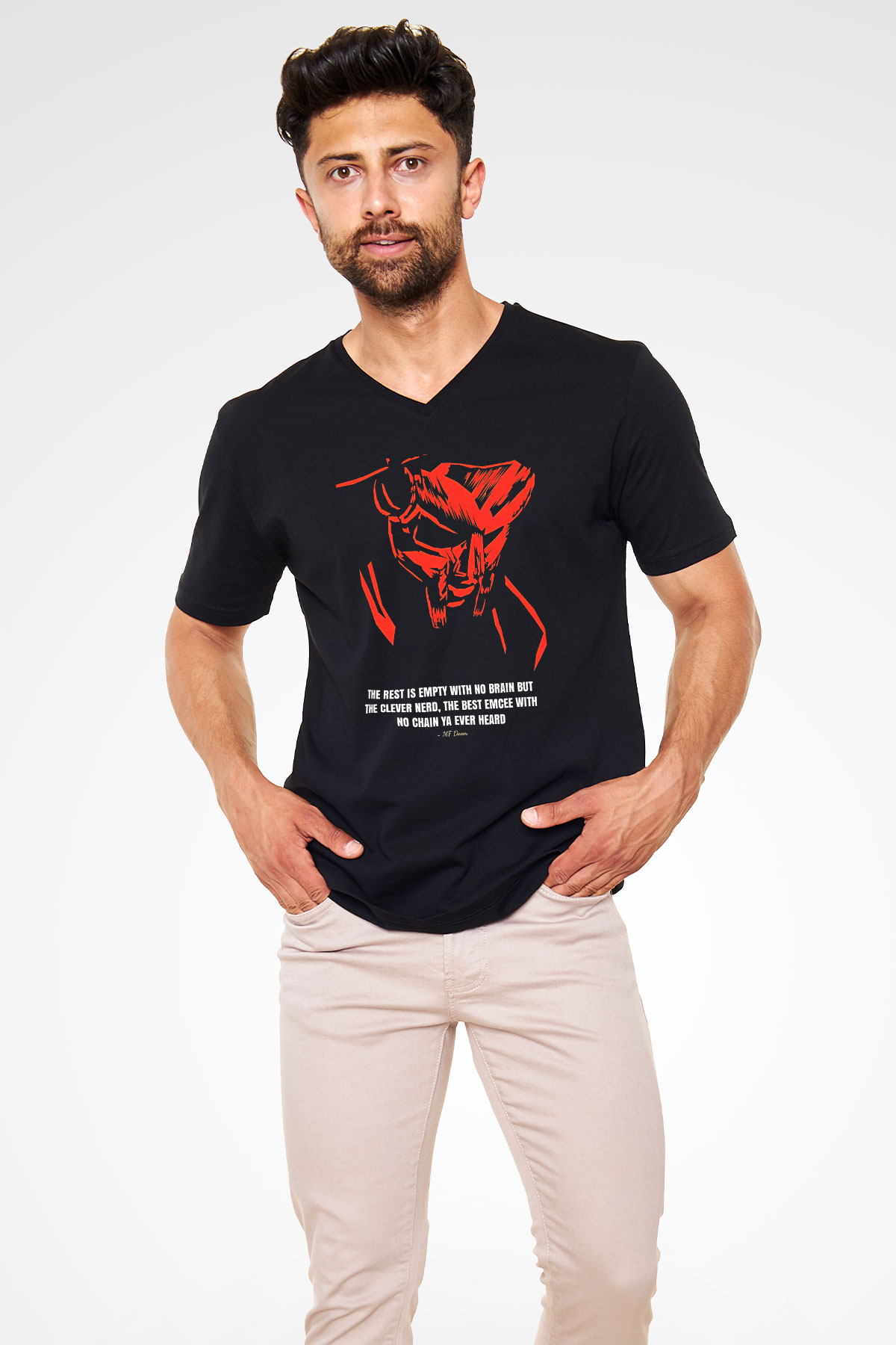 Mf Doom Baskılı Unisex Siyah V Yaka Tişört - Tshirt
