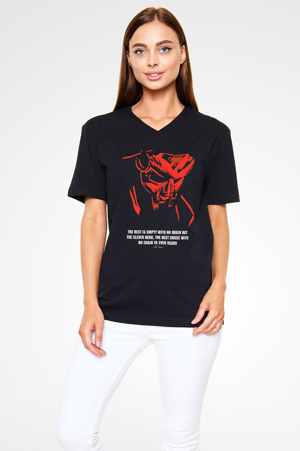 Mf Doom Baskılı Unisex Siyah V Yaka Tişört - Tshirt