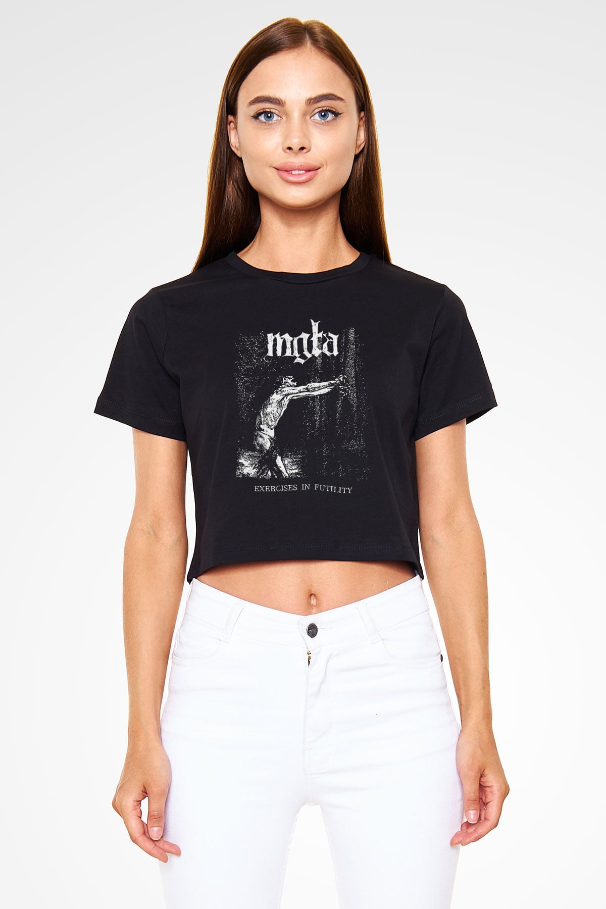 Mgla Baskılı Siyah Crop Top Kadın Tişört - Tshirt