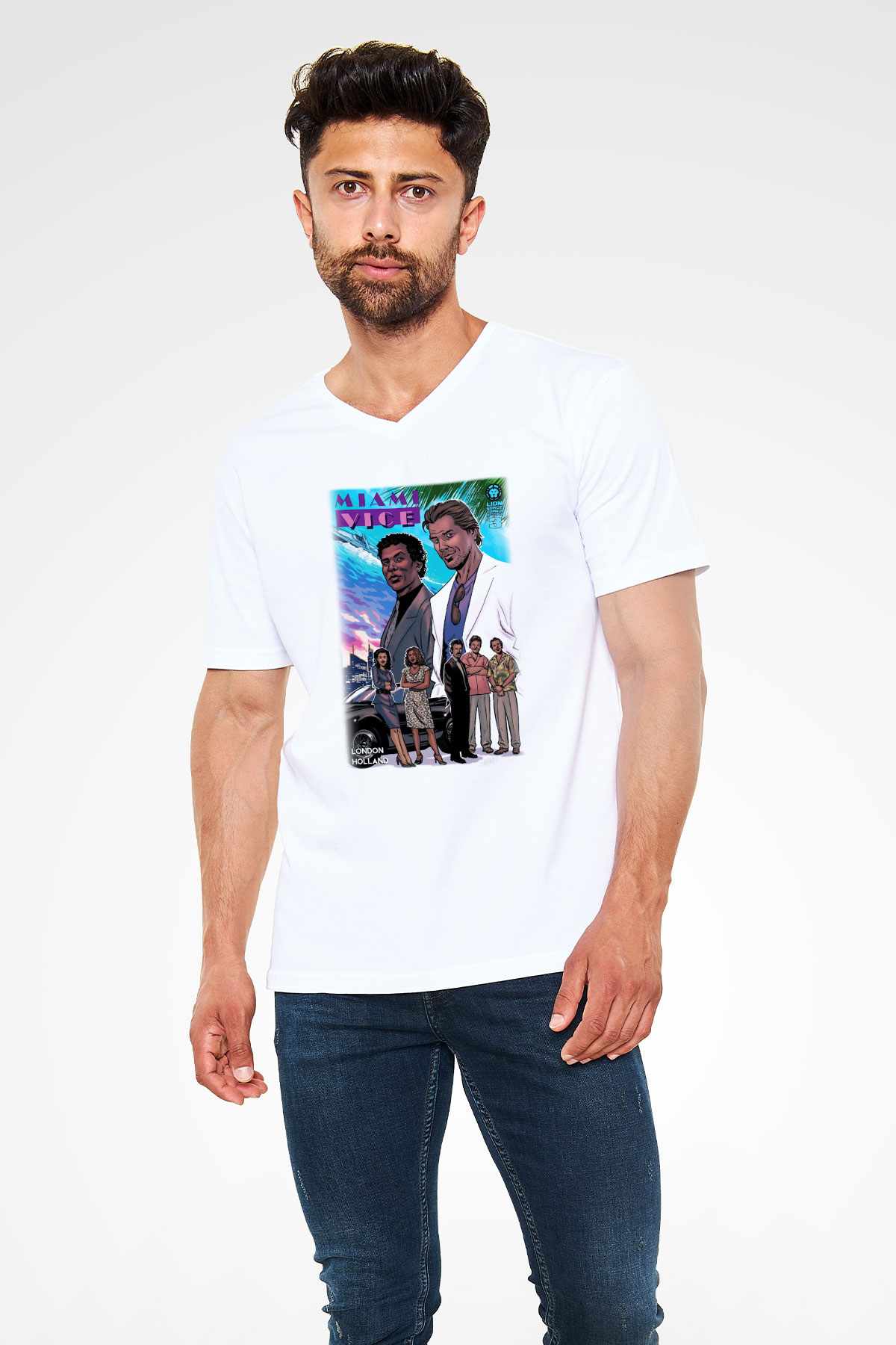 Miami Vice Beyaz Unisex V Yaka Tişört