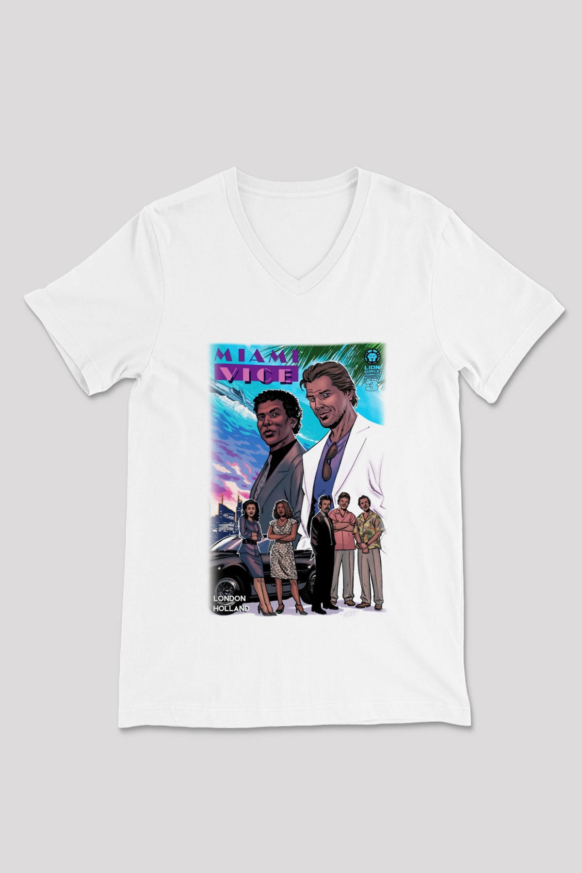 Miami Vice Beyaz Unisex V Yaka Tişört