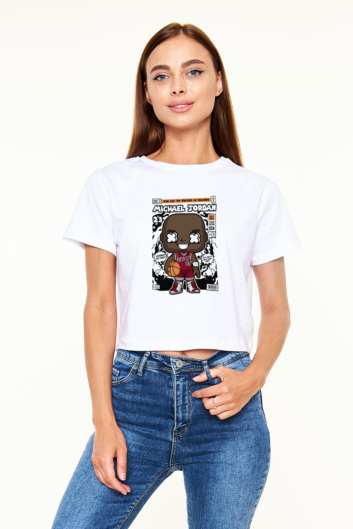Michael Baskılı Beyaz Kadın Crop Top Tişört