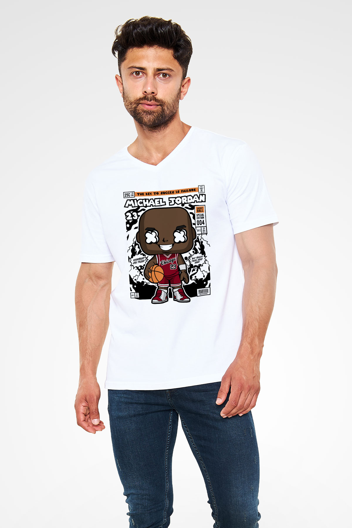 Michael Baskılı Unisex Beyaz V Yaka Tişört