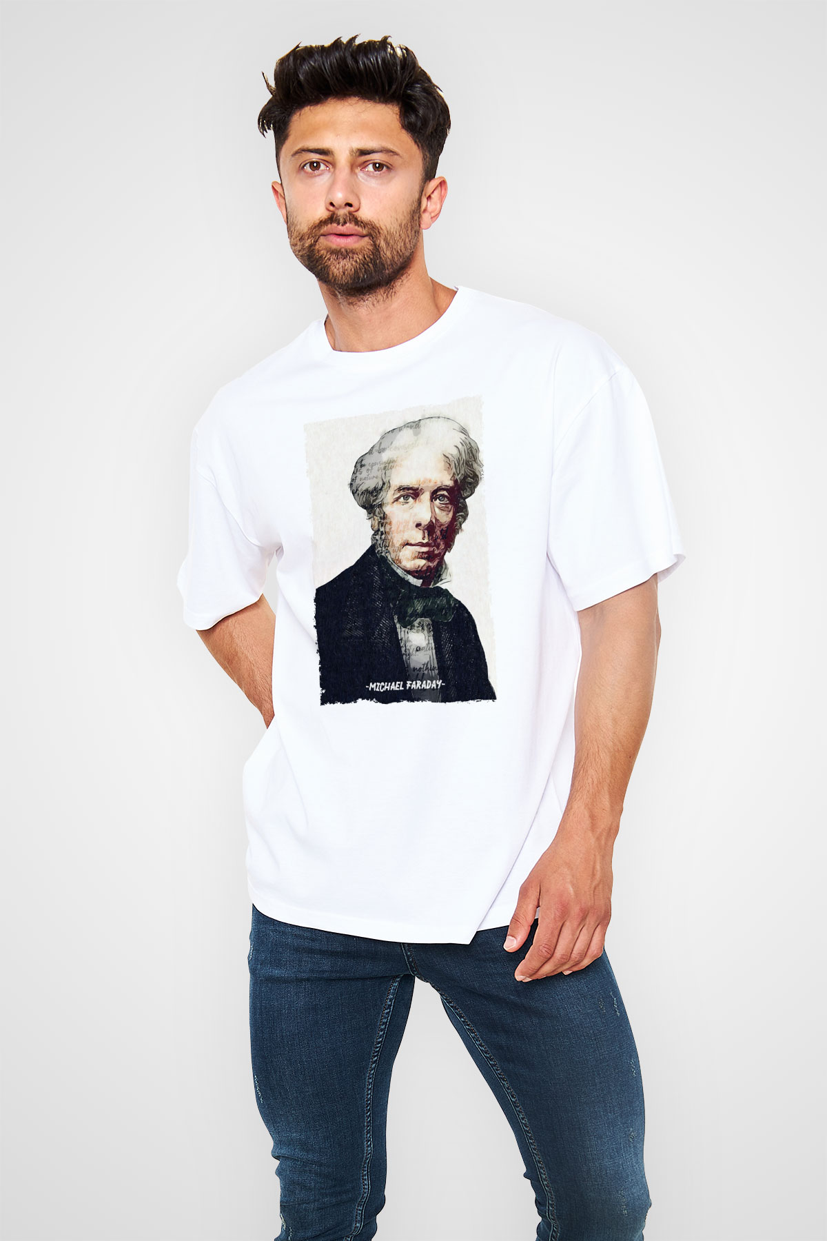Michael Faraday Yazılı Portre Baskılı Unisex Oversize Beyaz Tişört - Tshirt