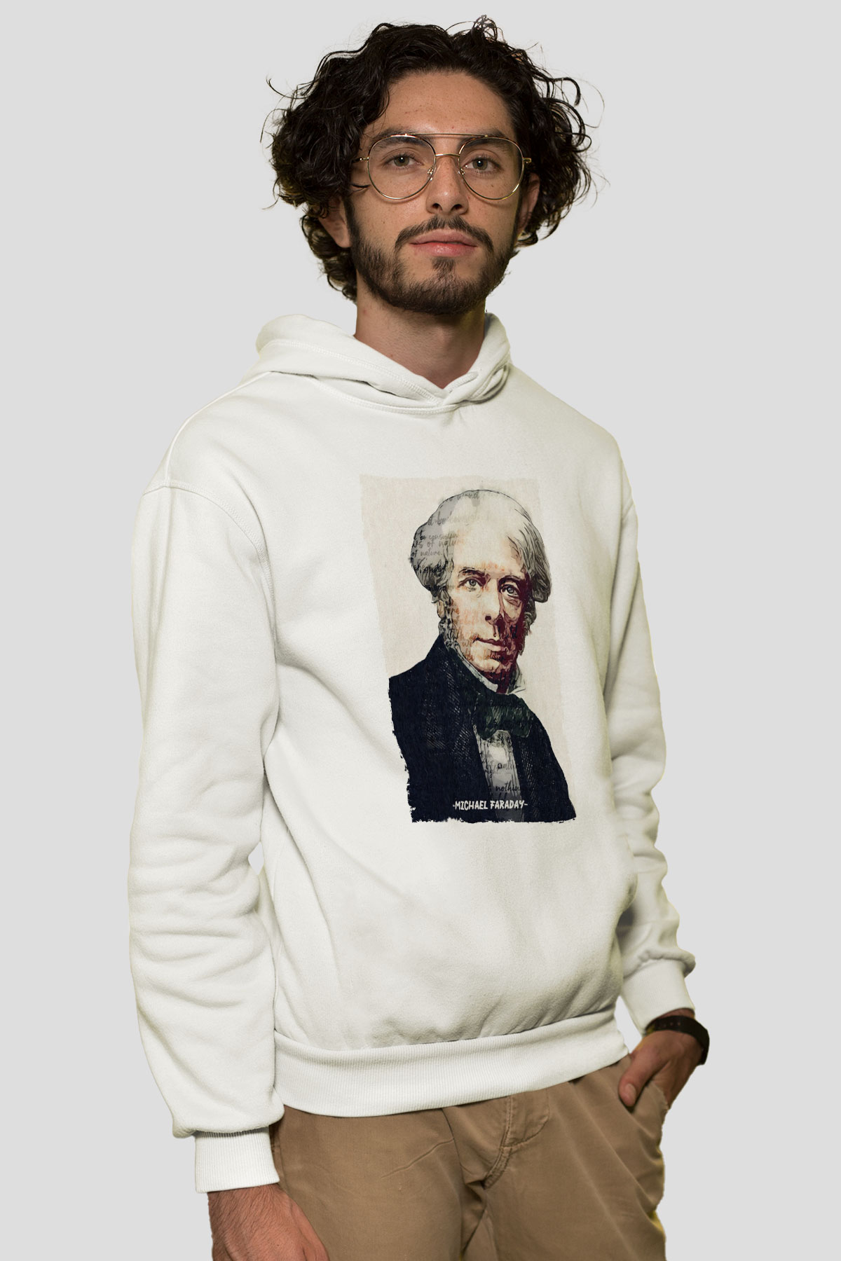 Michael Faraday Yazılı Portre Baskılı Unisex Ekru Hoodie