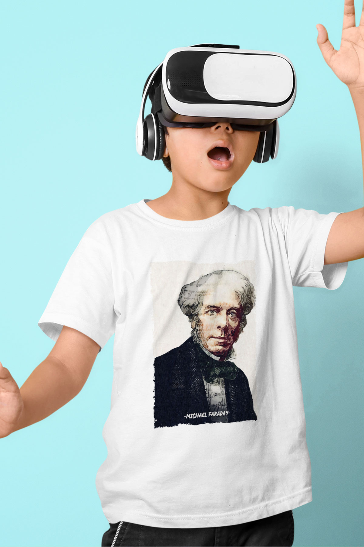 Michael Faraday Yazılı Portre Baskılı Unisex Beyaz Çocuk Tişörtü - Tshirt