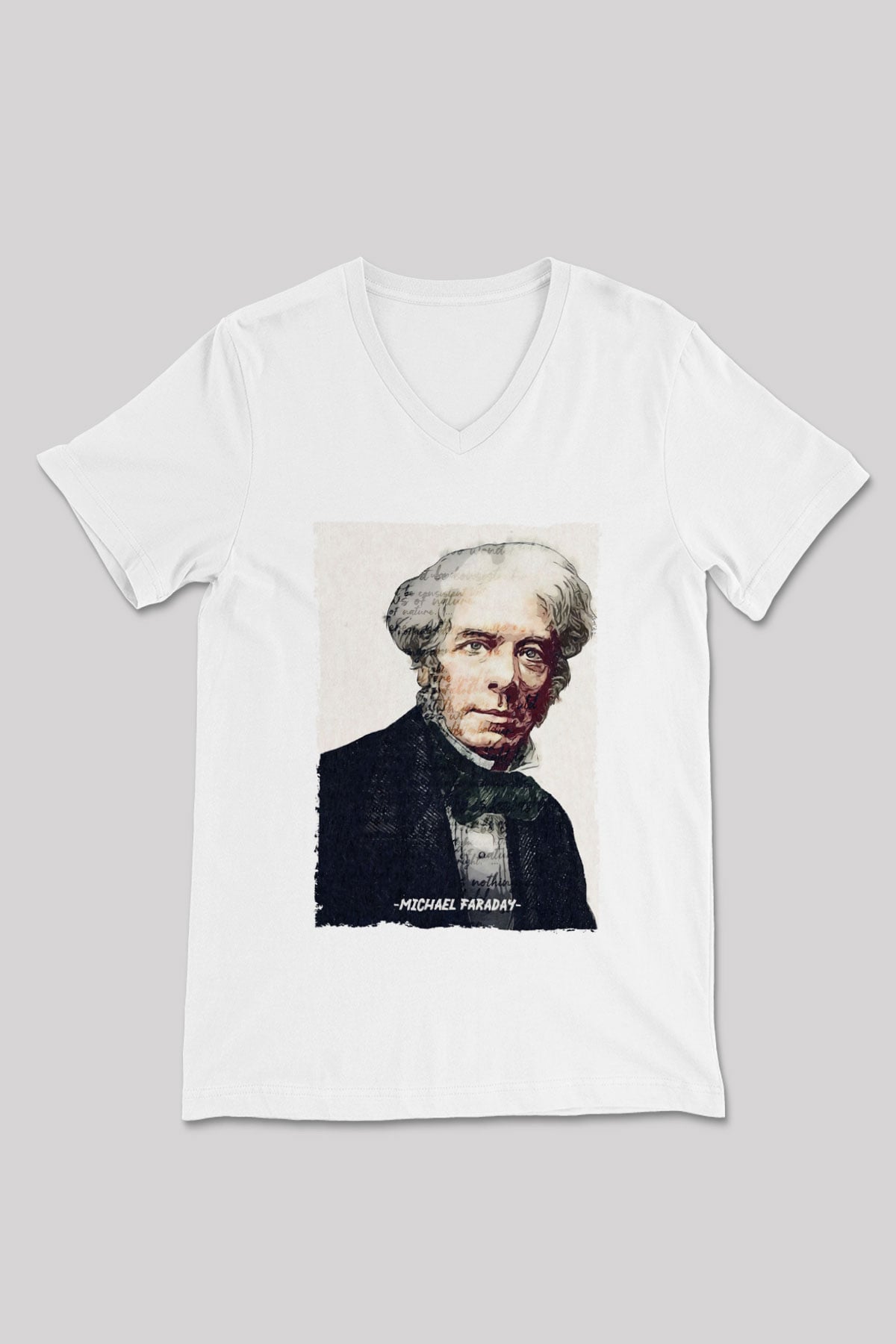 Michael Faraday Yazılı Portre Baskılı Unisex V Yaka Beyaz Tişört - Tshirt