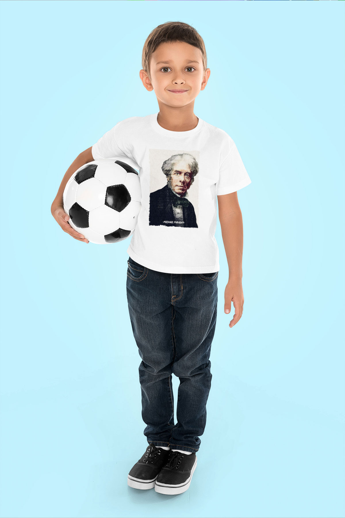 Michael Faraday Yazılı Portre Baskılı Unisex Beyaz Çocuk Tişörtü - Tshirt