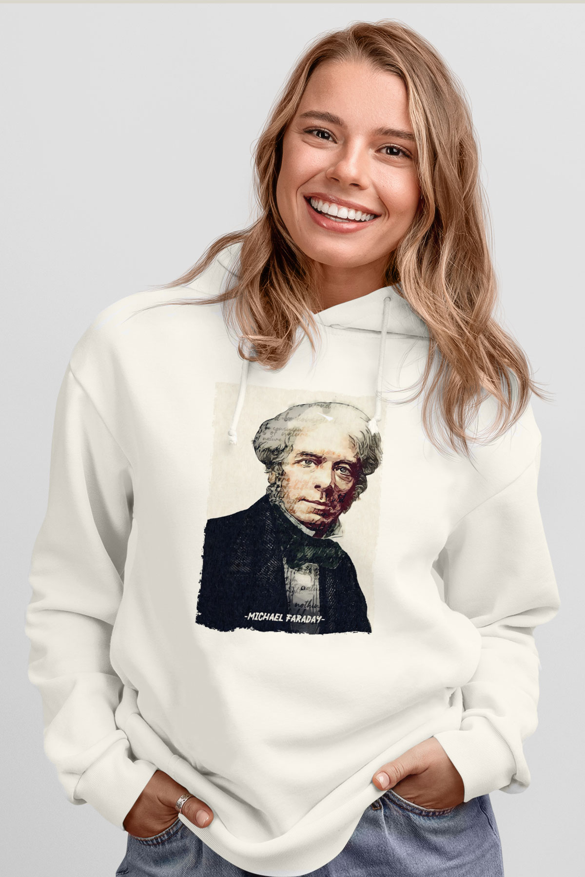 Michael Faraday Yazılı Portre Baskılı Unisex Ekru Hoodie