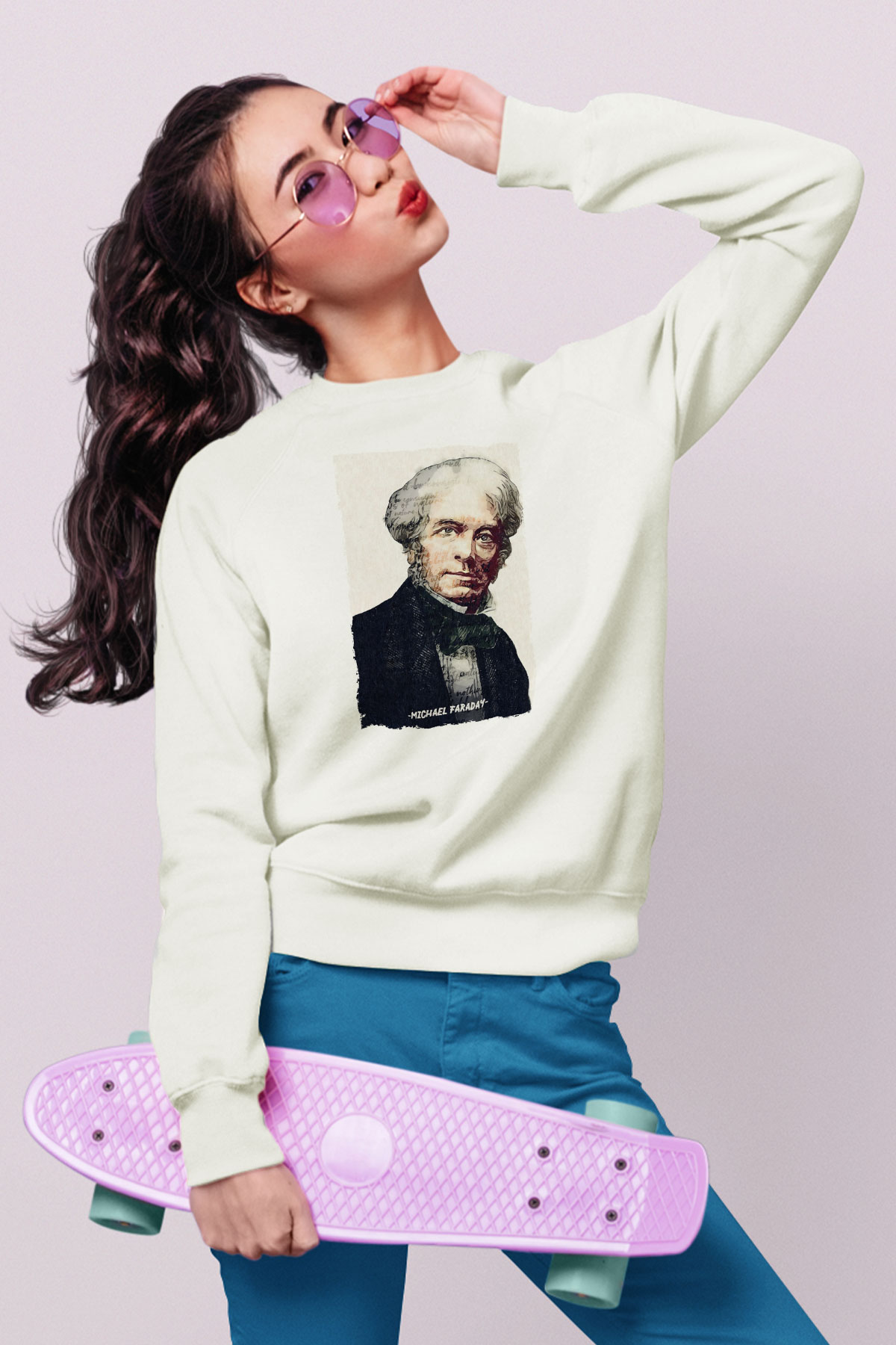 Michael Faraday Yazılı Portre Baskılı Unisex Ekru Sweatshirt