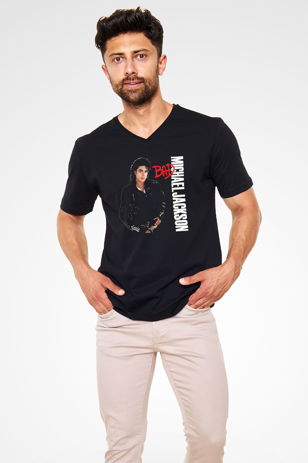 Michael Jackson Siyah Unisex V Yaka Tişört T-Shirt