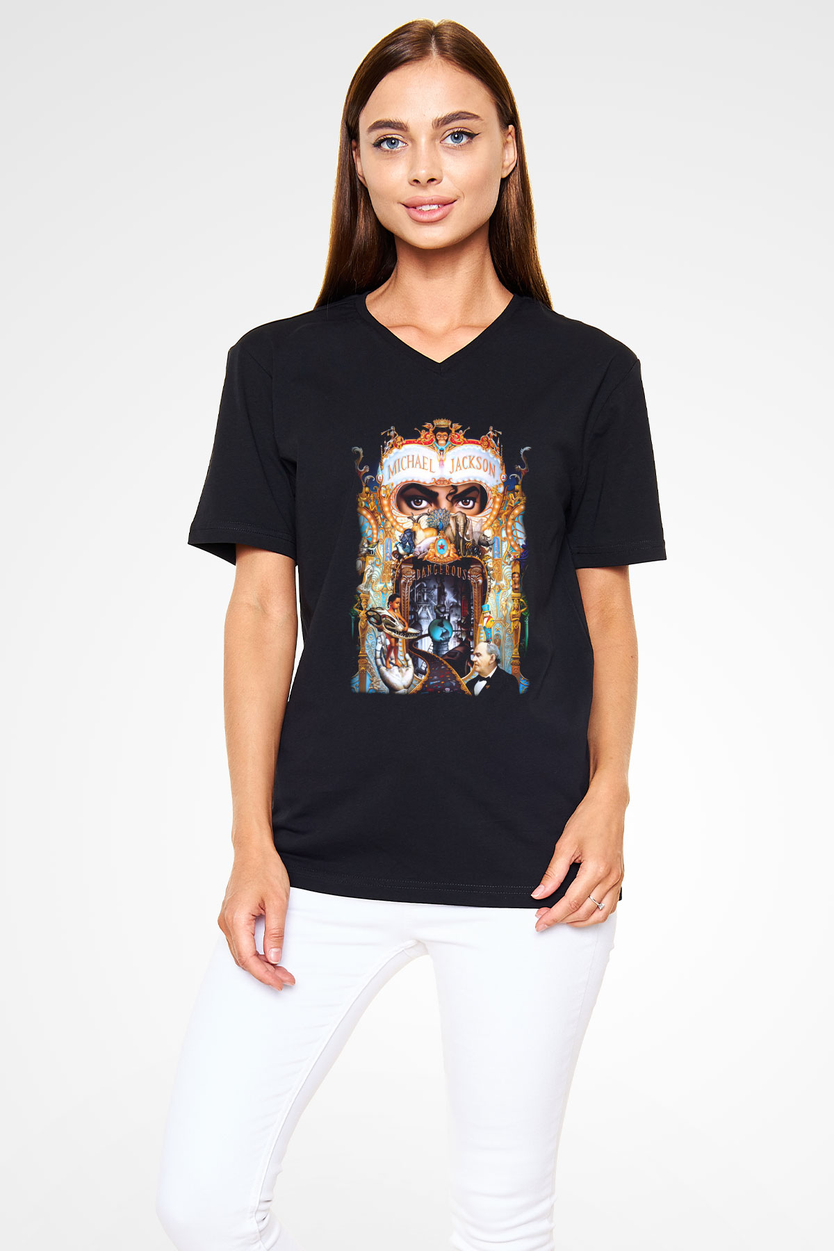 Michael Jackson Siyah Unisex V Yaka Tişört T-Shirt