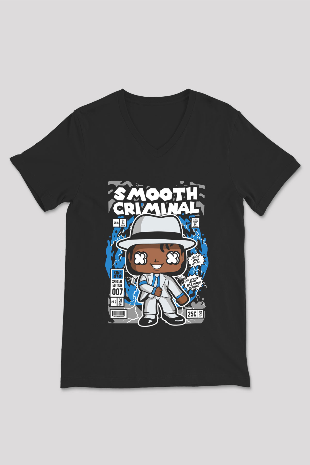 Michael Jackson Smooth Criminal Baskılı Unisex Siyah V Yaka Tişört