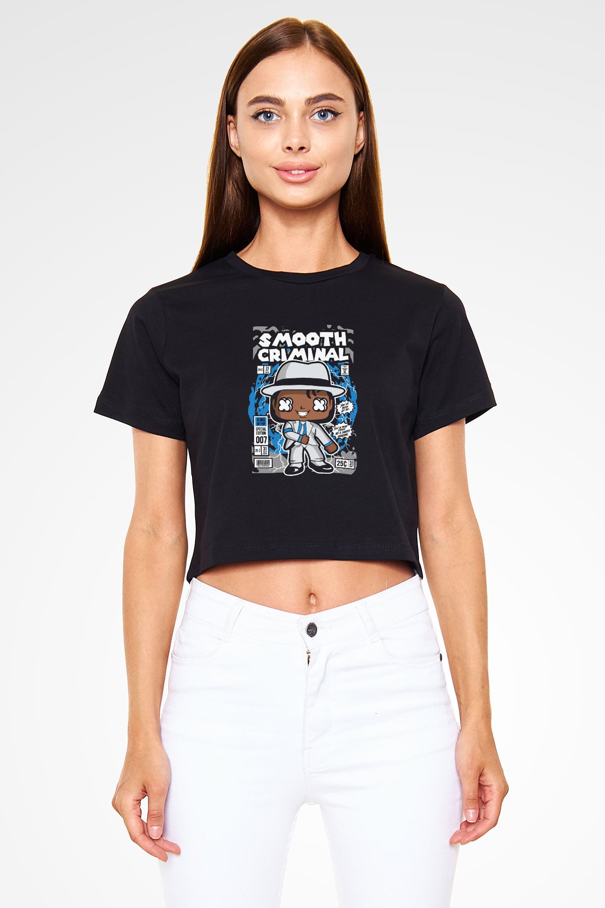 Michael Jackson Smooth Criminal Baskılı  Siyah  Crop Top Tişört